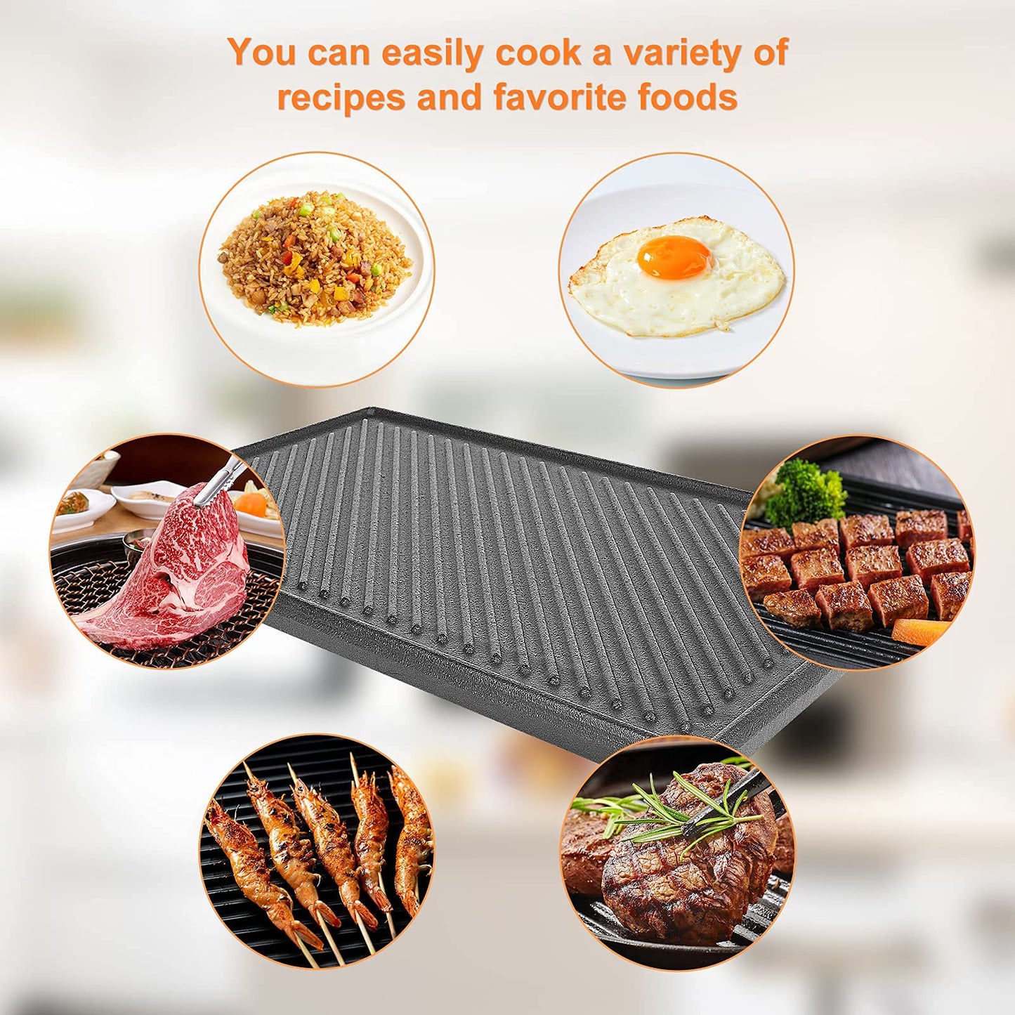 Utheer 16.45'' x 9.45'' Cast Iron Griddle, Nonstick Reversible Griddle for Gas Grill, Cast Iron Griddle Plate for Gas Stove Top, Oven, Outdoor Grill or Campfire, 1 Piece