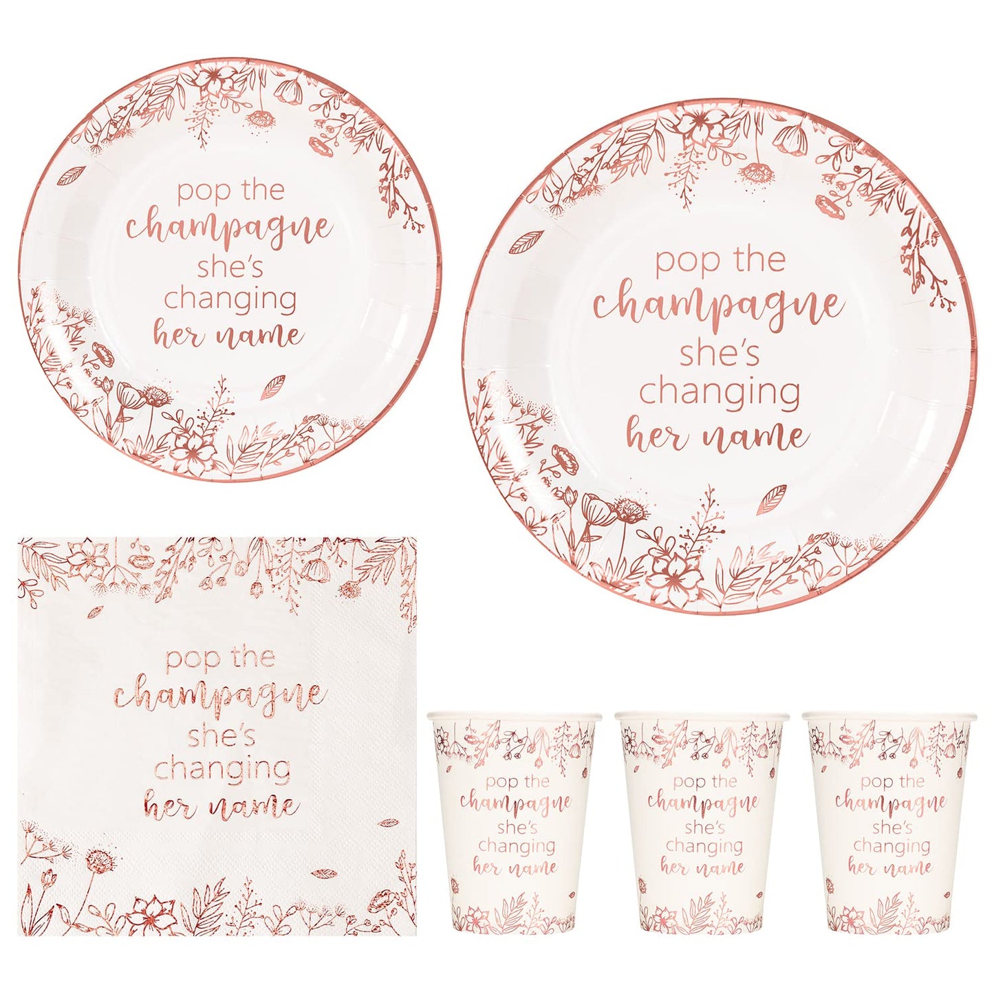 Crisky Rose Gold Bachelorette Napkins Plates Cups Set for Bridal Shower Wedding Engagement Party Decorations Supplies, Disposable Tableware Set of 24 (Pop, She is Change Her Name)