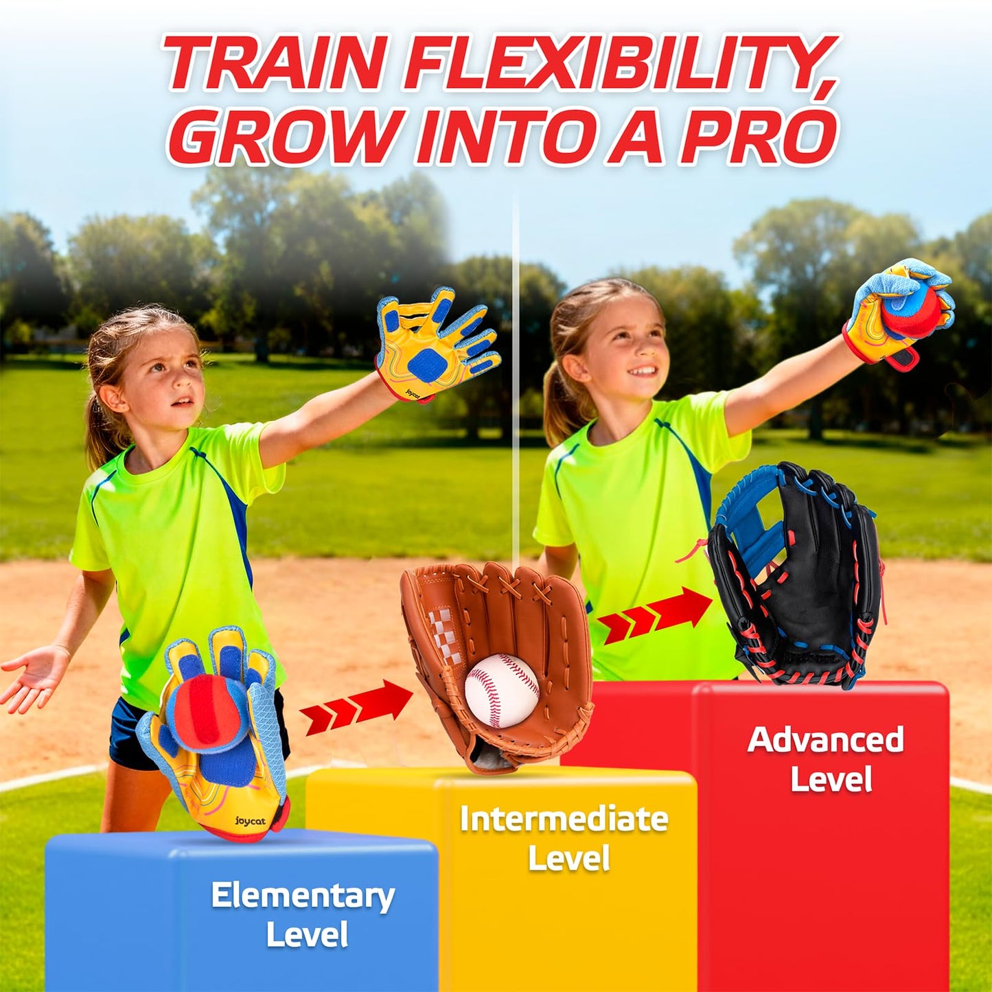 JoyCat Toss and Catch Ball Game with 2 Gloves for Kids & 2 Paddles for Adult or Kids, Outdoor Toys for Family Camping, Beach & Yard Games, Toddler Baseball Glove, Gift for 3-12 Year Old