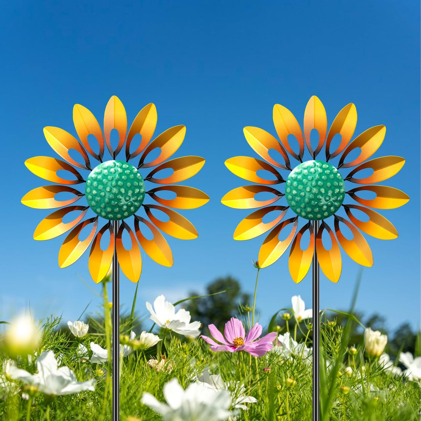 Sunflower Wind Spinners Outdoor, MeyRolizn Metal Pinwheel Wind Sculpture with Stake, Small Windmill for Garden Lawn Yard Patio Outside Art Decor (2pcs Yellow)