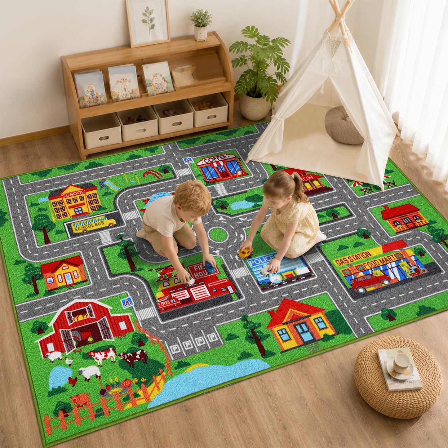 Mfmiudole Kids Carpet Car Play Rug, 7'X5' Non-Slip Kids Rug for Playroom, Town City Road Map Rug, Extra Large Boys Children Car Track Carpet for Playroom, Bedroom, Living Room (Green, 200X150 CM)