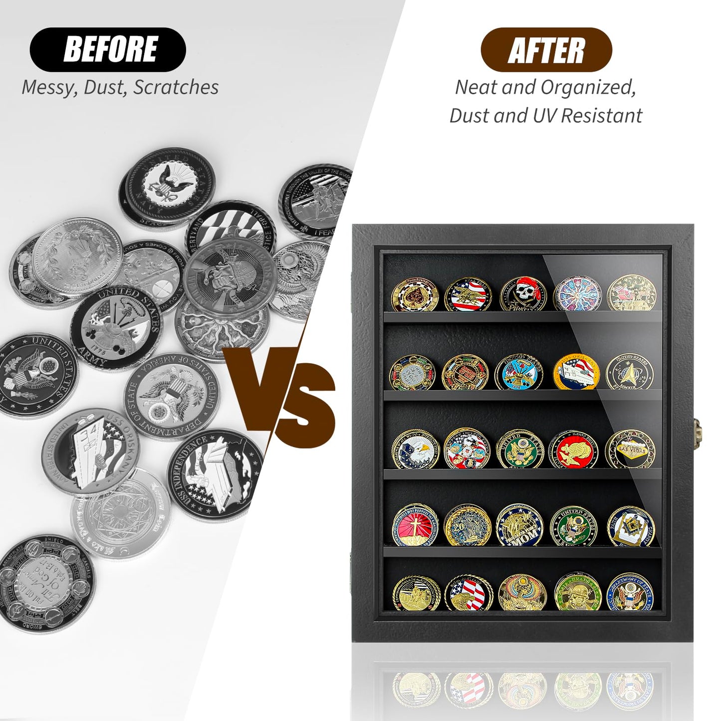 ULTRGEE Challenge Coin Display Case, Coin Collection Display Stand for Wall Military Medal Shadow Box Display Cabinet with Removable Dual Recessed Shelves and Acrylic Panel -Black