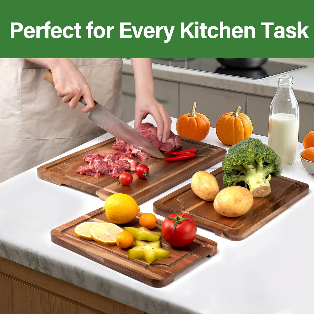Wood Cutting Board for Kitchen, Wooden Cutting Board Set of 3 with Juice Groove, Double-Sided Chopping Board Serving Board for Meat, Vegetables and Cheese