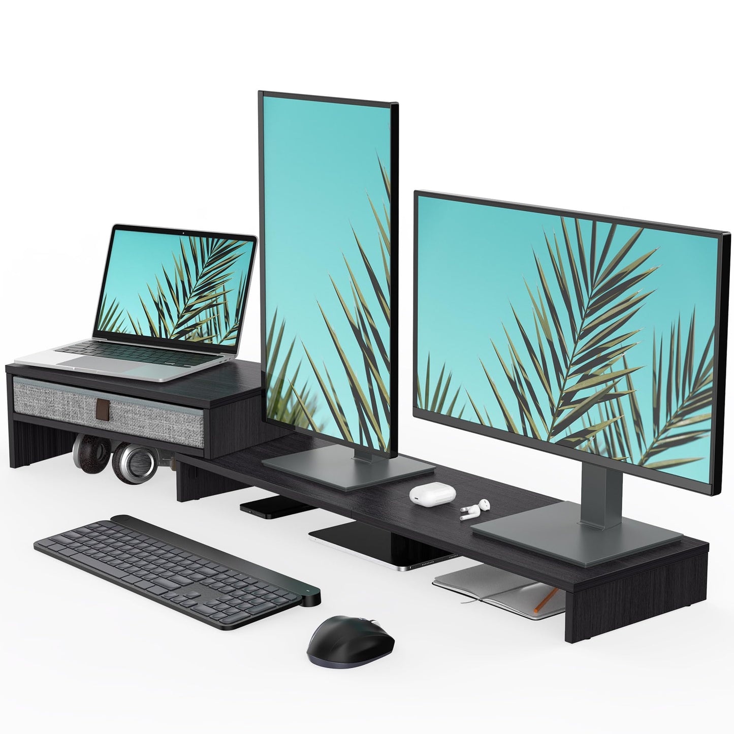 FENGE Dual Monitor Stand with Drawer - Adjustable 3-Tier Laptop Riser for Desk Organizer. Adjustable Length and Angle Desktop Laptop Stand,Office Organizer,Printer,Black