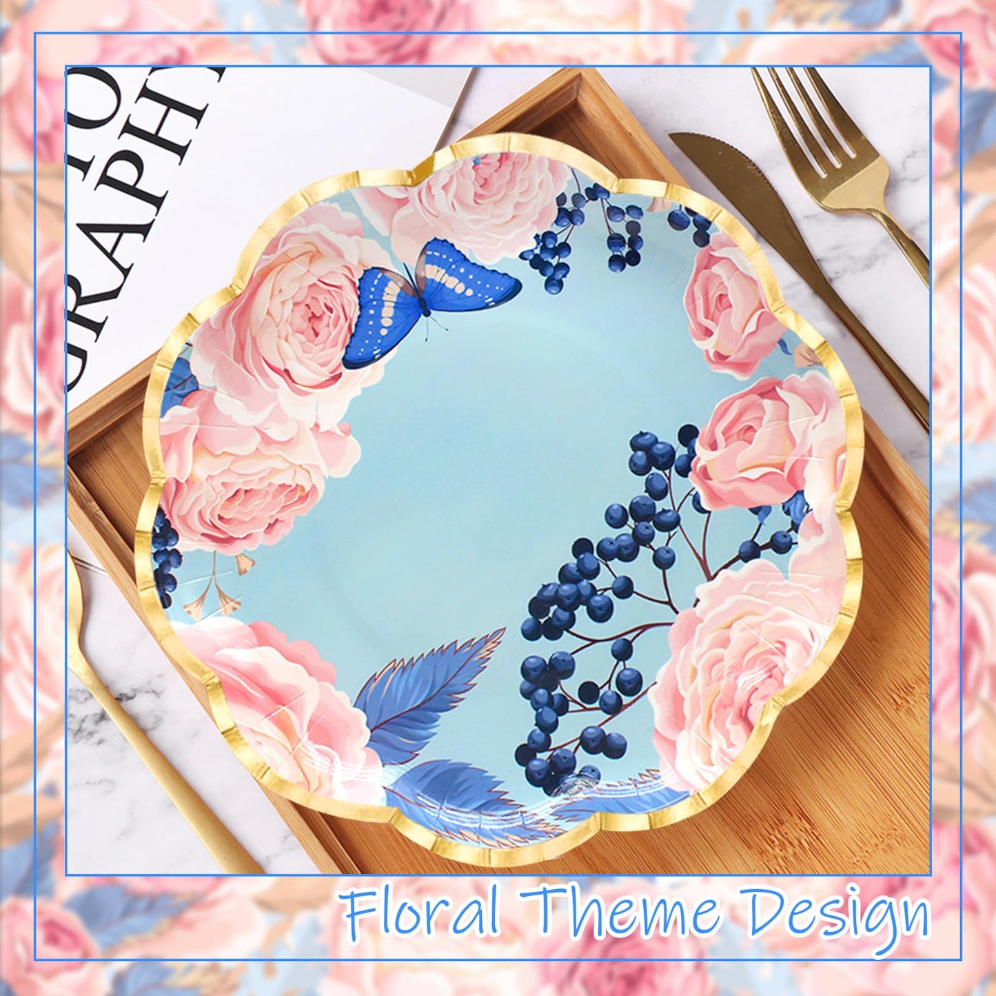 Benvo Floral Plates Disposable 60 Pack Paper Plates 9 Inch Dessert Plates Flower for Tea Party Garden Party Baby Shower Bridal Shower Birthday Wedding Decorations(6 Styles)