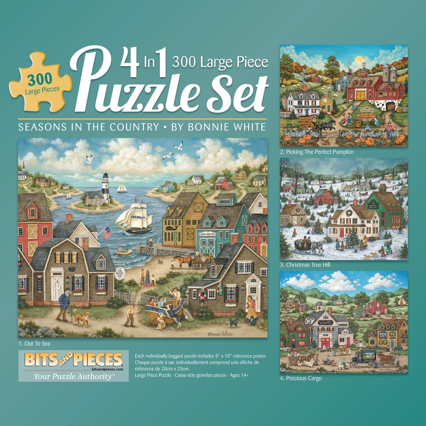 Bits and Pieces - Multipack of Four (4) 300 Piece Jigsaw Puzzles for Adults - Each Puzzle Measures 40.6 cm x 50.8 cm - 300 pc Seasons in The Country Jigsaws by Artist Bonnie White