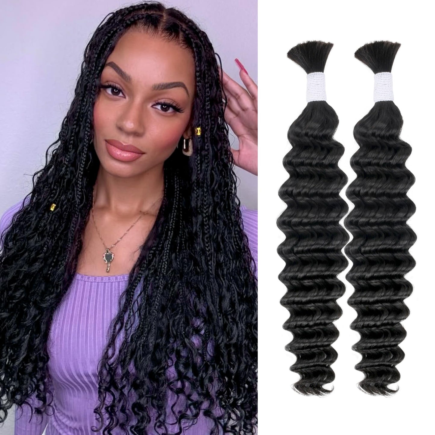 Deep Wave Bulk Human Hair for Braiding 10A Brazilian Curly 100 percent Human Hair 2 Bundles No Weft micro Human Braiding Hair for Boho Braids Virgin Hair Extension(Natural Black, 100g 16")