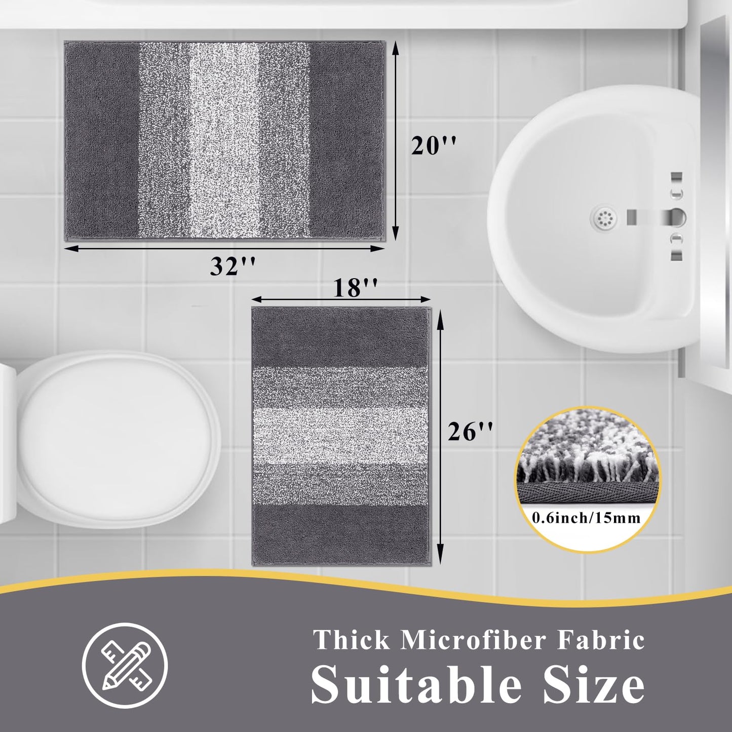 Vaukki Luxury Soft Bathroom Rugs Set of 2, Non Slip Washable Plush Bath Floor Mats, Microfiber Shaggy Absorbent Striped Bath Carpet for Tub, Bathroom and Shower (18''x26''+20''x32'', Grey)