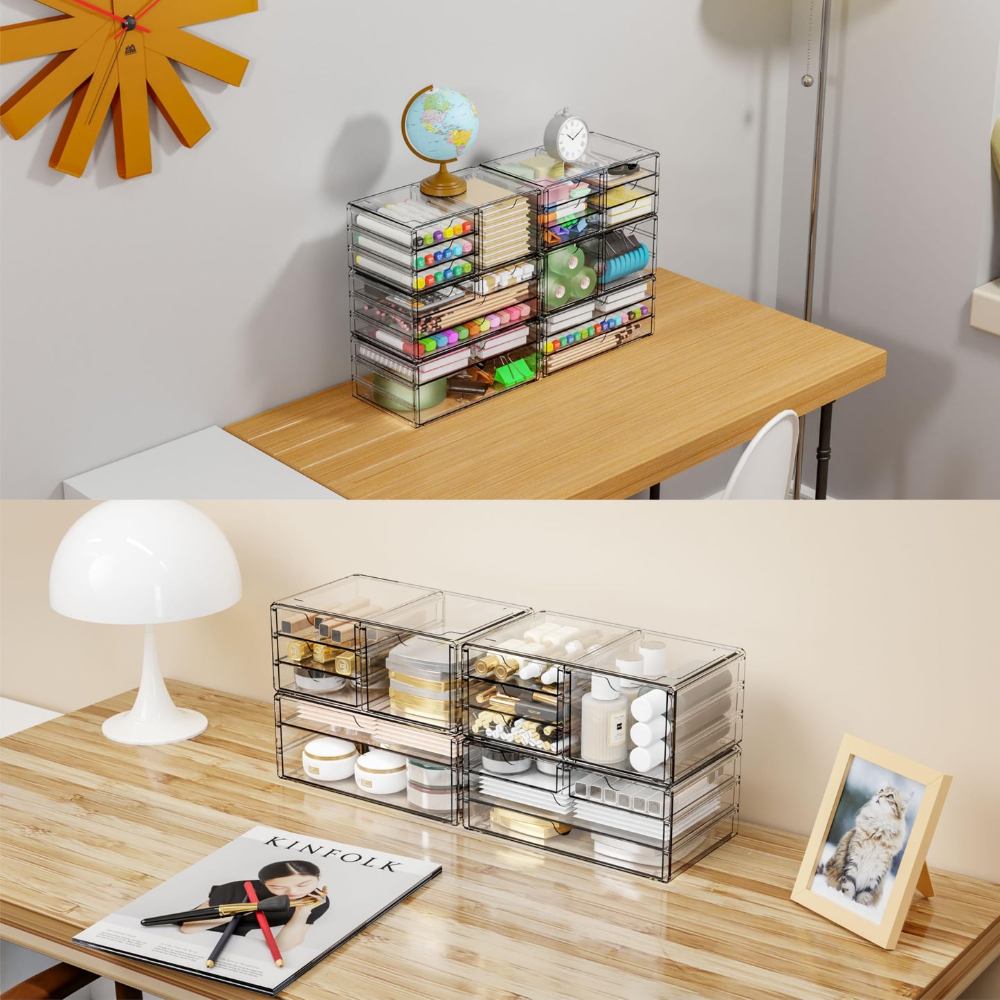 Yieach 2 Pack Acrylic Storage Drawers With 12 Small Drawer,Stackable Office Cabinet Organizer and Makeup Organizer,Clear Plastic Drawers for Craft Supply,Pen,Stationary,Accessory,Makeup,Desk Organizer