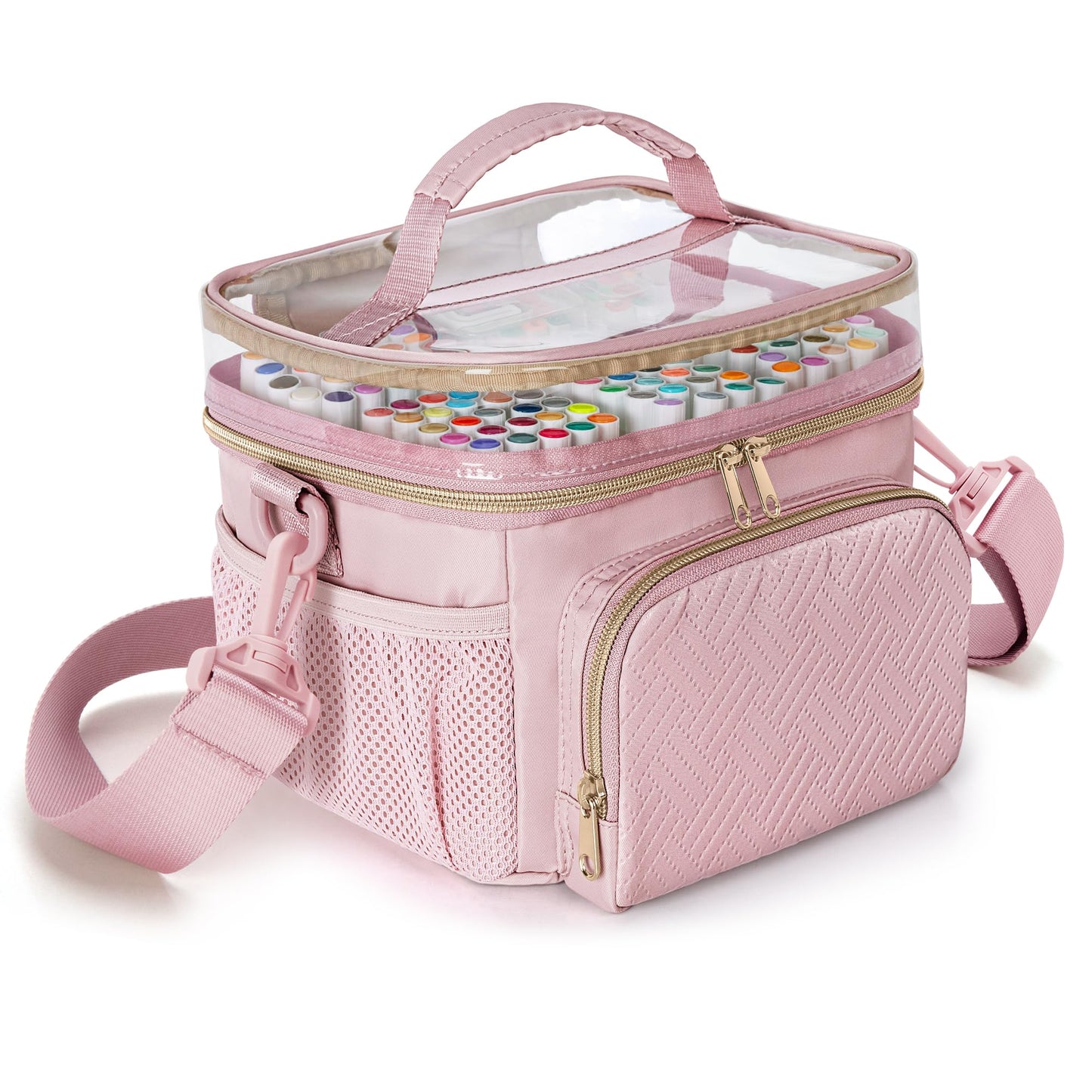 Rexmica Markers Organizer Case for 100 Markers, Markers Storage Organizer Bag with Divider and Shoulder Strap, Marker Pen Travel Carrying Case with 3 Pockets, Pink (Patented Design)