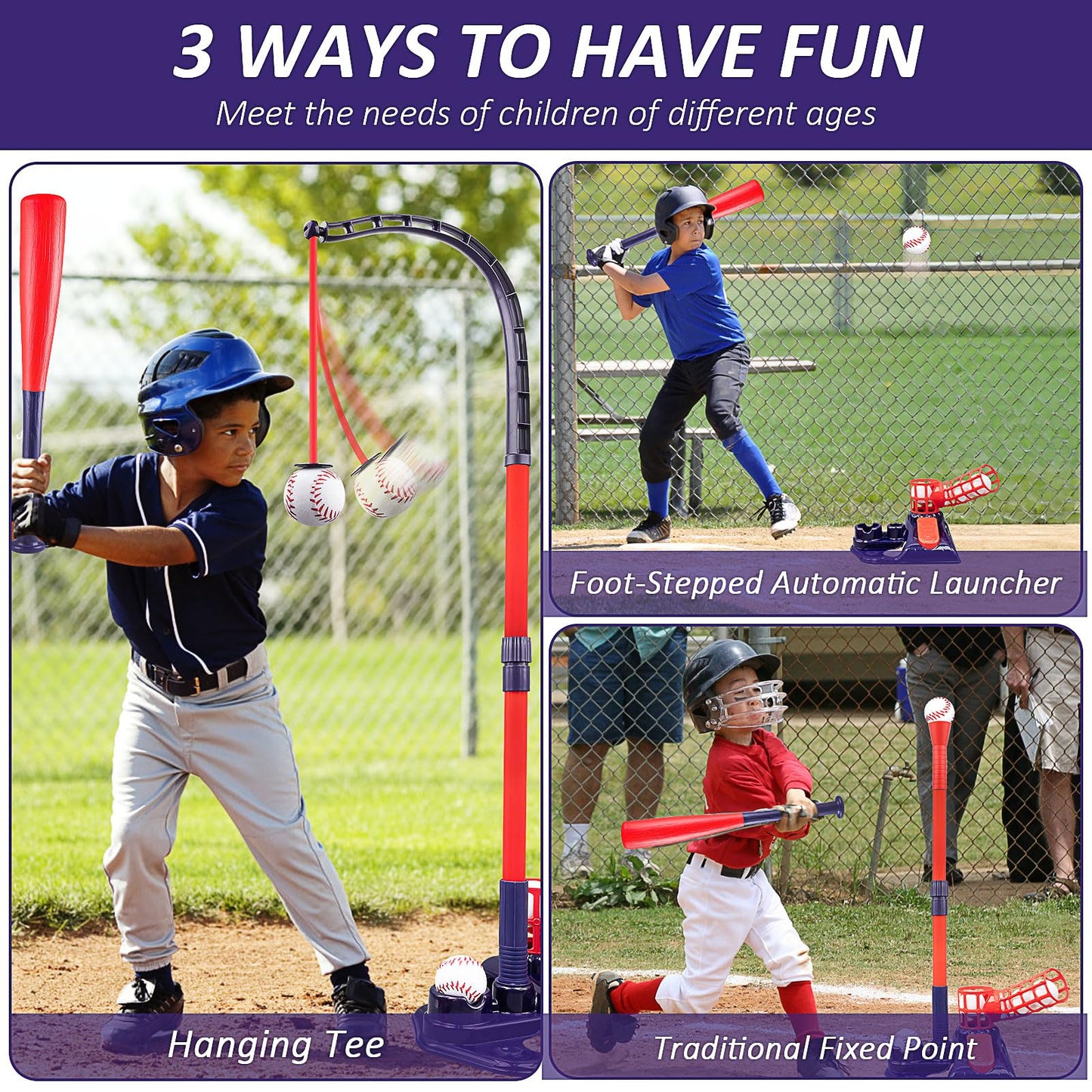 3-in-1 Tee Ball Set for Kids, Height Adjustable Baseball Set with Auto Pitching Machine/T Ball Stand/Hanging Tee/Retractable Bat/6 Softballs, Indoor Outdoor Sports Toys for Boys Girls