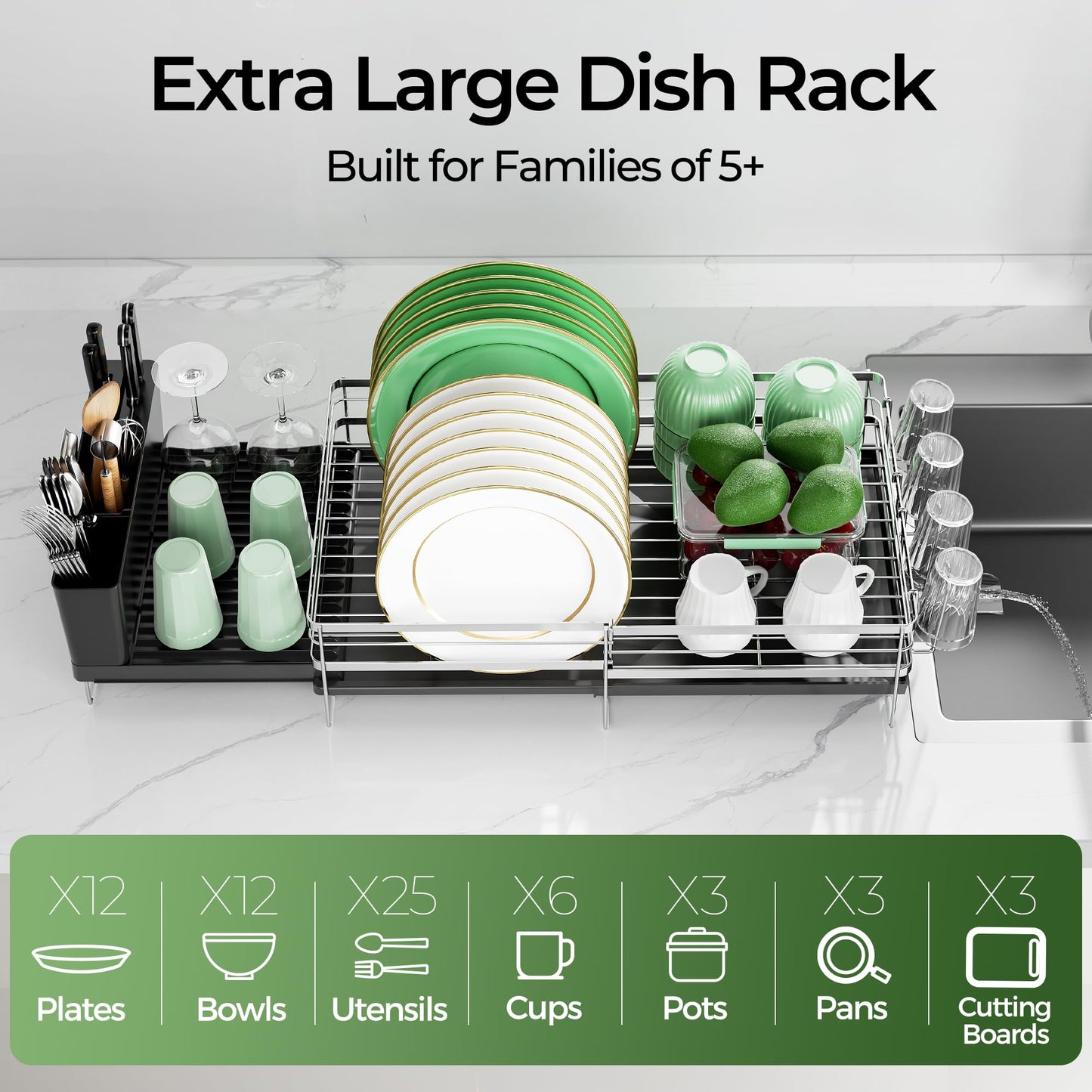 Large Dish Drying Rack, Expandable Dish Rack, Stainless Steel Anti-Rust Dish Racks for Kitchen Counter, Multifunctional Dish Drainer with Utensil Holder & Cup Holder, 13.4"-28.7" L x 11.8" W (1 Tier)