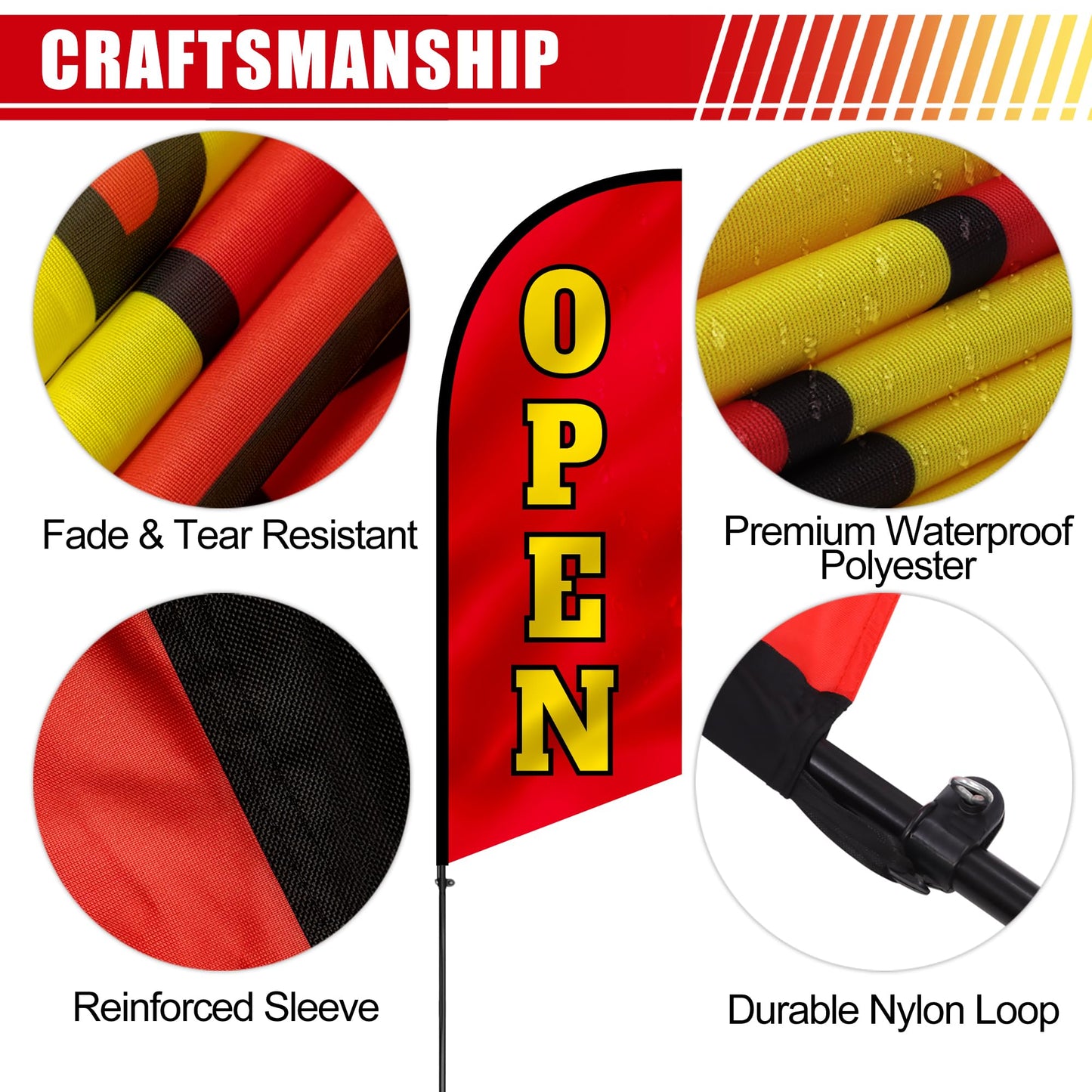 Anley 7.5 FT Open Feather Flag Banner Kit - Outdoor Swooper Advertising Flags with Pole and Stake – Open Sign for Storefront, Business Promotion, Events, Trade Shows – Weather Resistant & Easy Setup