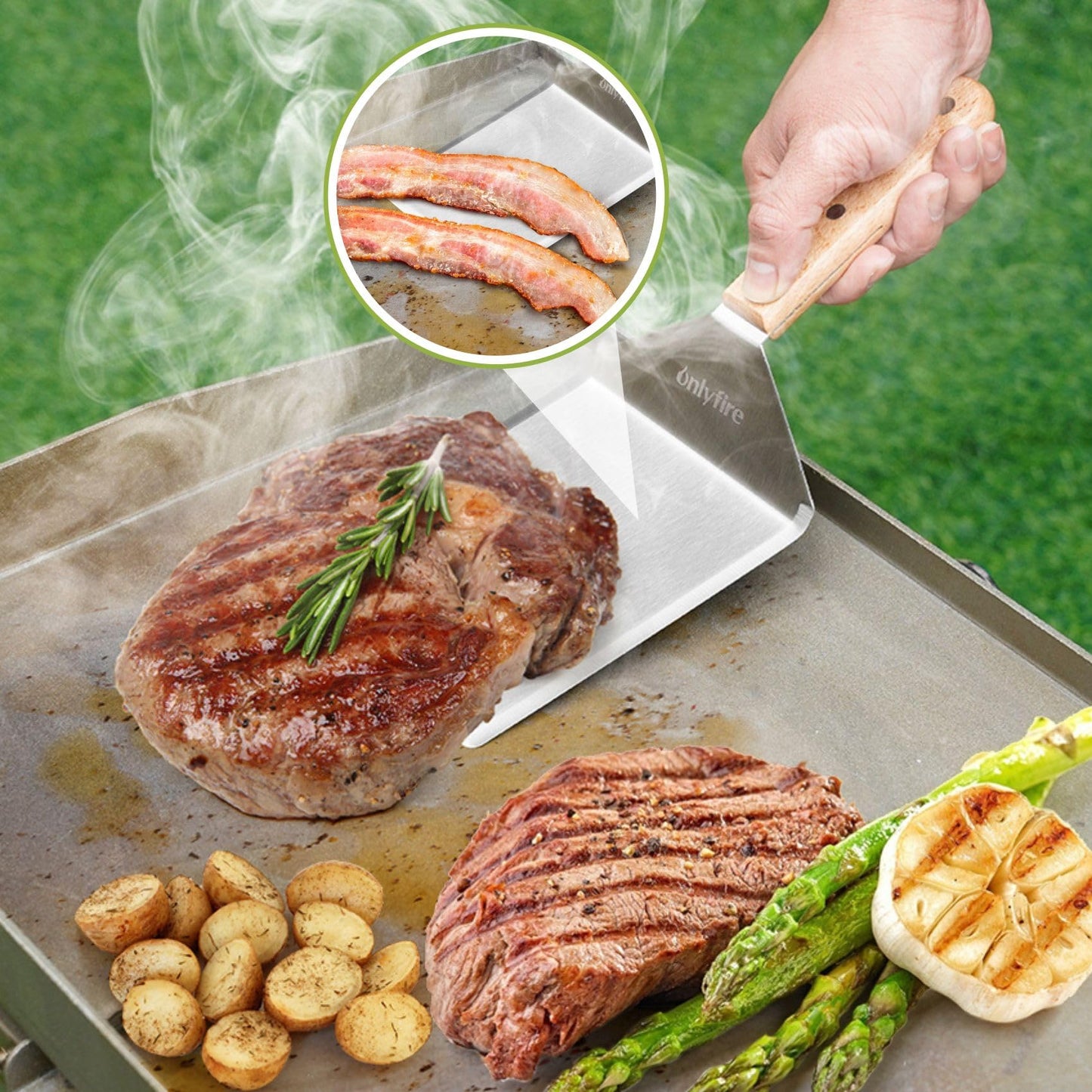 only fire Griddle Accessories Kit,Cheese Melting Dome & Burger Press Kit,6 Inch Basting Cover with Burger Smasher & Grill Spatula for Outdoor Griddle BBQ, Flat Top Teppanyaki Grilling & Steaming