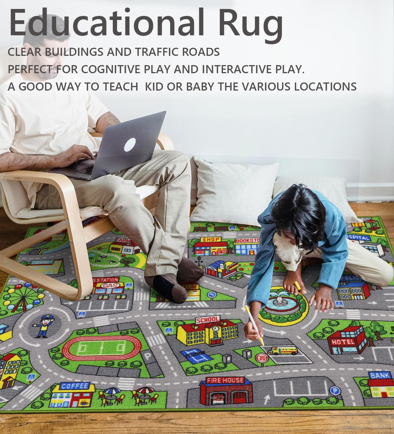VSIWB Kids Rug 3'3" x 5'2" City Life Playmat Area Rug Car City Map Washable Traffic Road Educational Learning Nursery Rug Carpet for Children Playroom Living Room Bedroom Classroom Decor Green