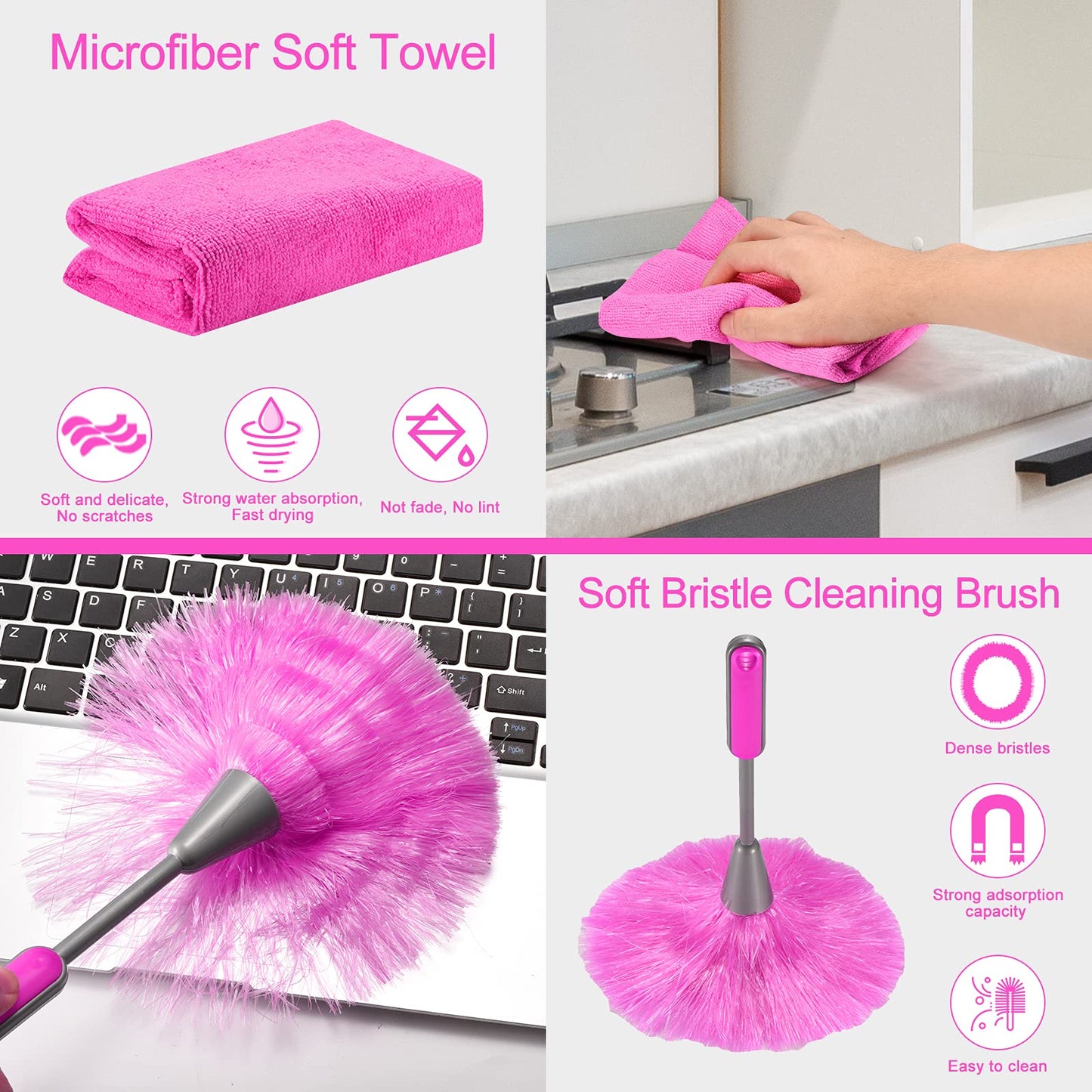 CALBEAU 15PCS Microfiber Feather Duster Set Bendable & Washable with 100-inch Extension Pole Dusters for Cleaning High Ceiling Fan, Blinds, Cars, Furniture, Cleaning Tools Kit for Women