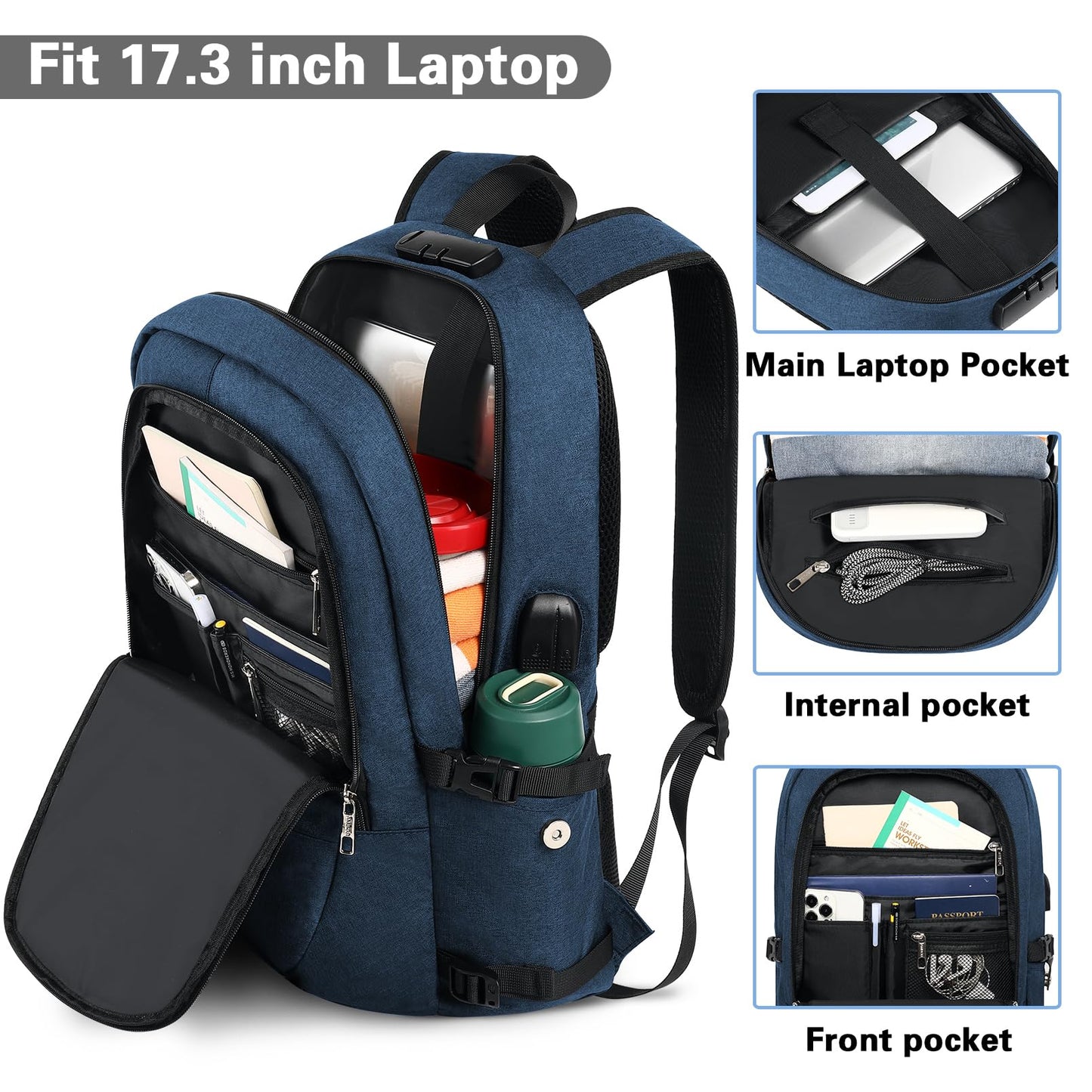 Travel Laptop Backpack, 17.3 inch Anti Theft Business Laptop Backpack with USB Charging Port and Headphone Interface, Computer Backpack for College School Student Work Men & Women Blue