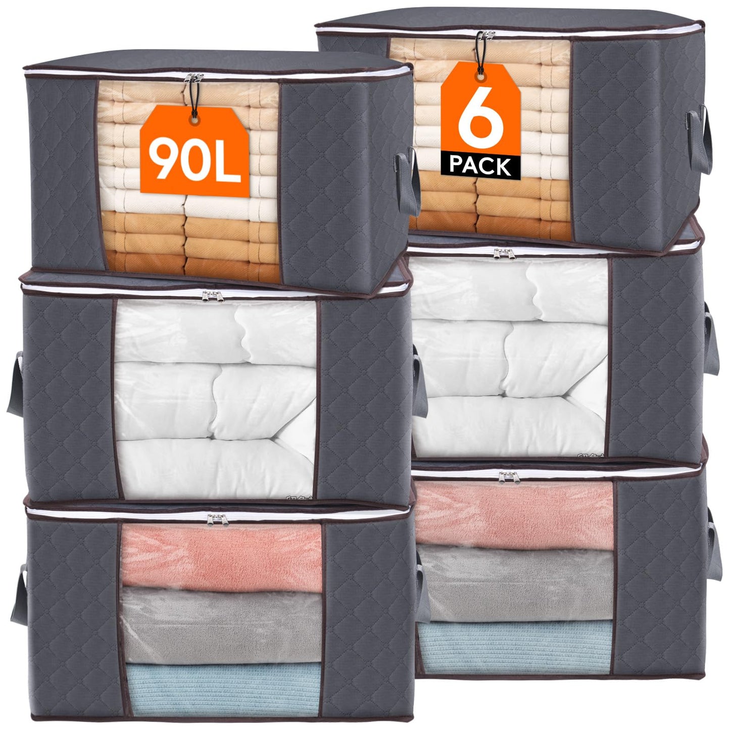 Lifewit 90L Large Capacity Clothes Storage Bags Organizer with Reinforced Handle, Foldable Clothing Storage for Comforters, Blankets, Bedding, with Sturdy Zipper, Clear Window, 6 Pack, Grey
