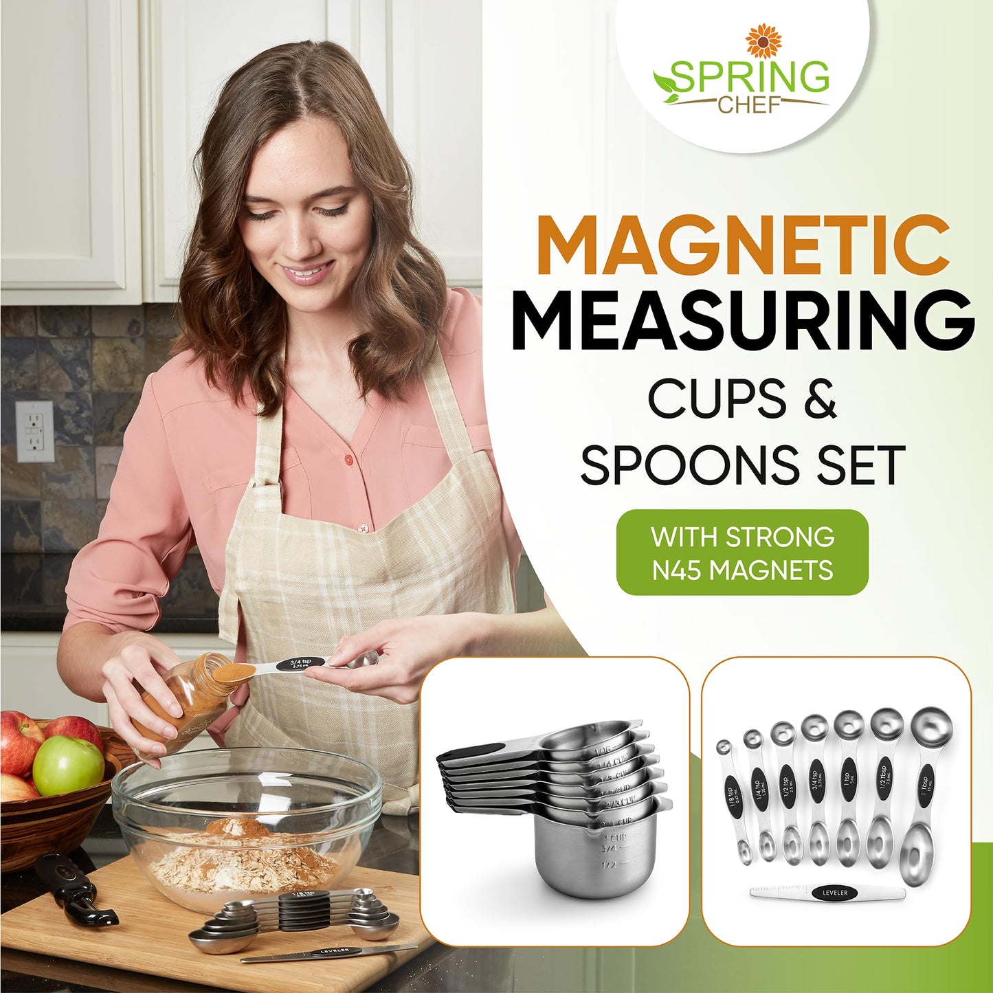 Spring Chef Stainless Steel Magnetic Measuring Cups & Spoons Set of 15 with Leveler (Patented), Heavy Duty Measuring Cups & Spoons for Baking & Cooking - for Dry & Liquid Ingredients - Black