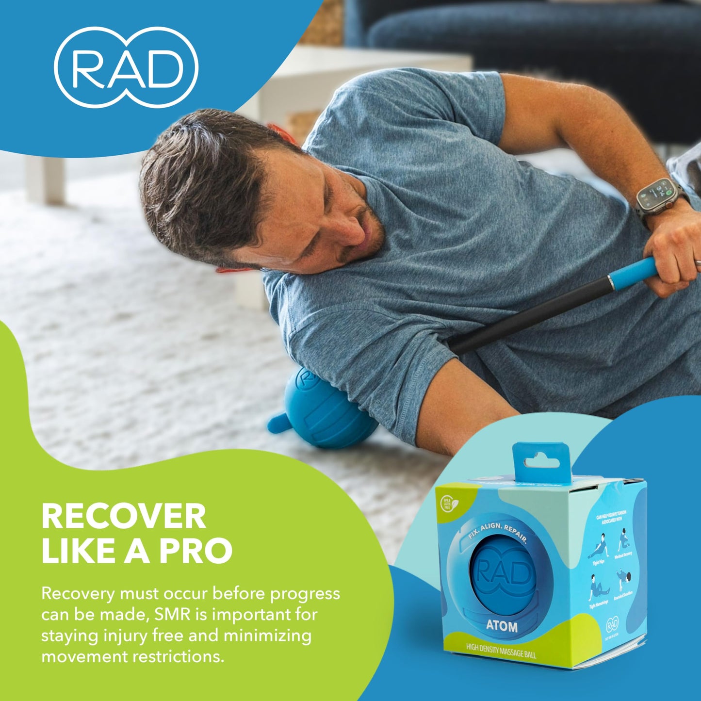 RAD Atom I Extra Firm Density Massage Ball for Pecs, Shoulders, Glutes, Hamstrings, Quads and Traps Self Myofascial Release, Massage, Mobility and Recovery