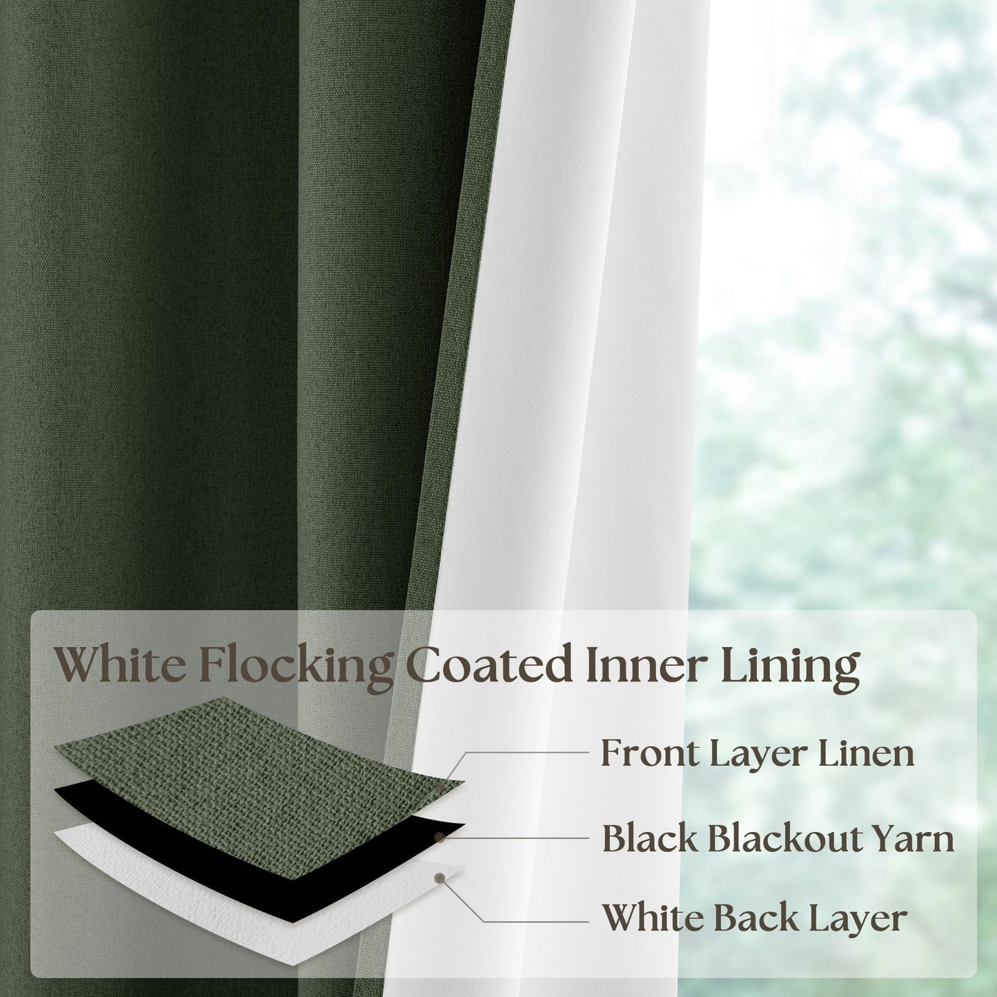 Olive Green Blackout Curtains Linen Textured for Bedroom Black Out Linen Curtains 84 Inches Long Full Light Blocking Thermal Insulated Drapes Panels Energy Saving with White Liner 52x84 Inch 2 Panels