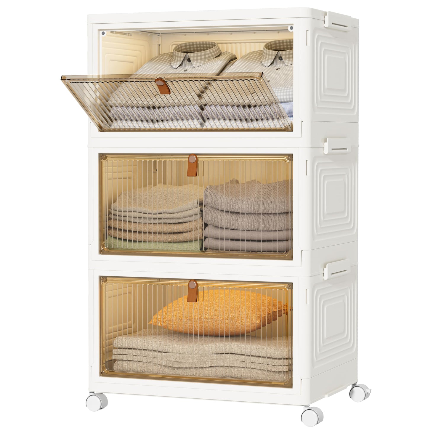 HOMIDEC Closet Organizers, 3 Tiers with a Top Lid, Wardrobe Closet with Wheels, Closet Organizers and Storage for Clothes, Stackable Closet Storage Bins, for Living Room, Bedroom, White 33L*3 Pack