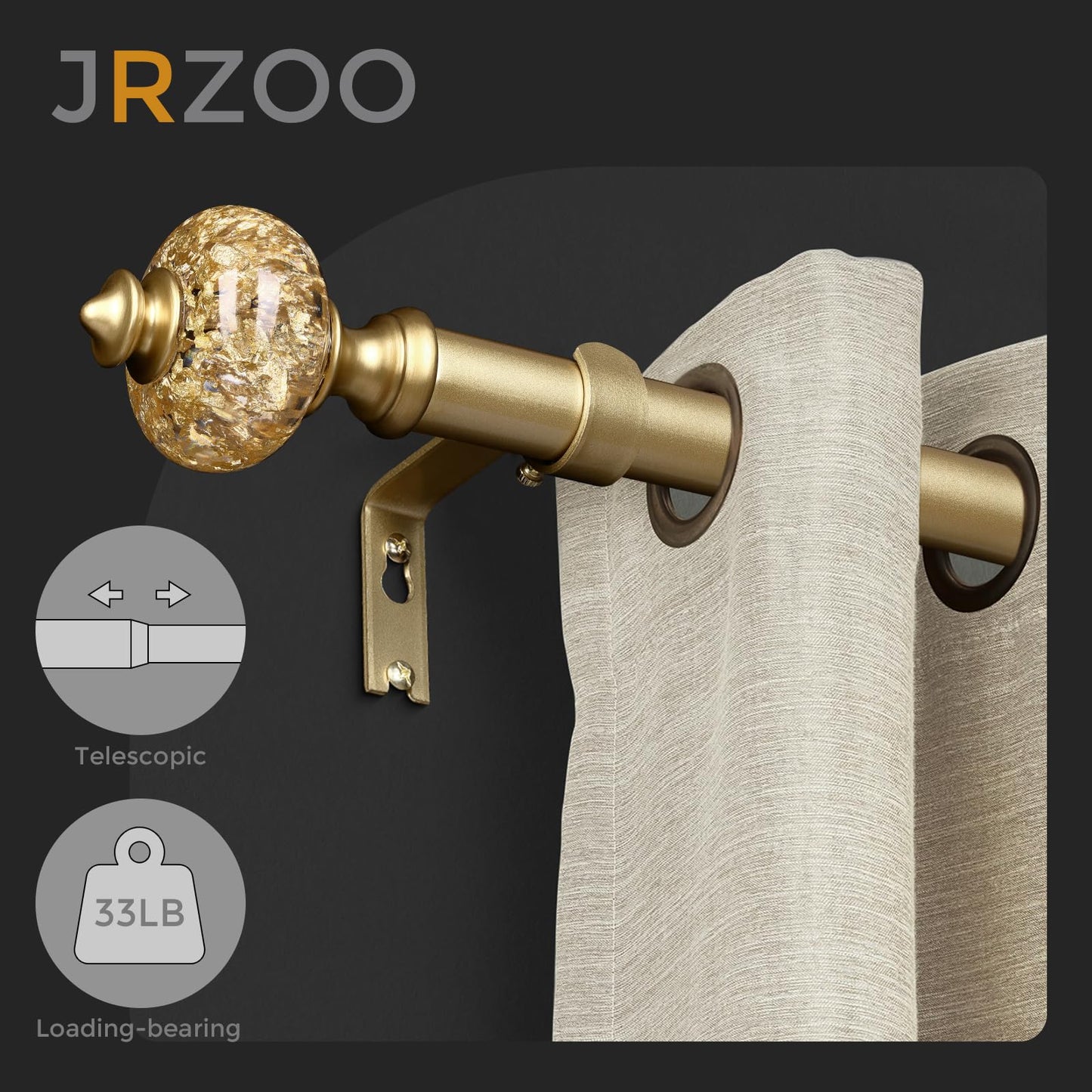 2 Pack Gold Curtain Rod for Windows 28 to 48 Inches, 1'' Heavy Duty Adjustable Modern Drapery Rods with Unique Crystal Finials, Luxury Decorative Curtain Rods, Size: 30-60''