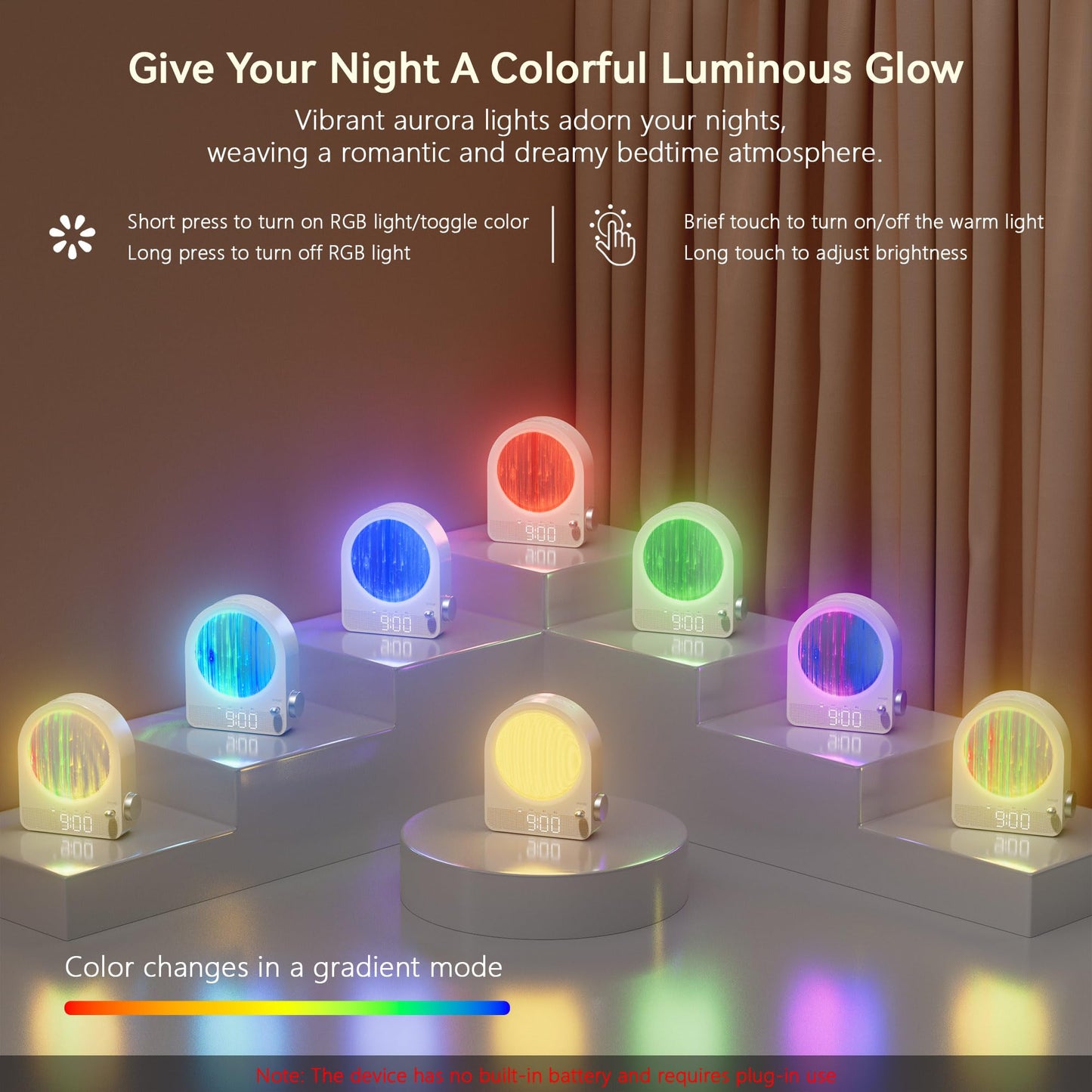 Blonbar Sunrise Alarm Clock, Wake Up Light, White Noise Machine with 9 RGB Aurora & Meteor Night Light, 10 Soothing Sounds, Touch Control Stepless Dimmable Bedside Lamp for Kids, Bedrooms