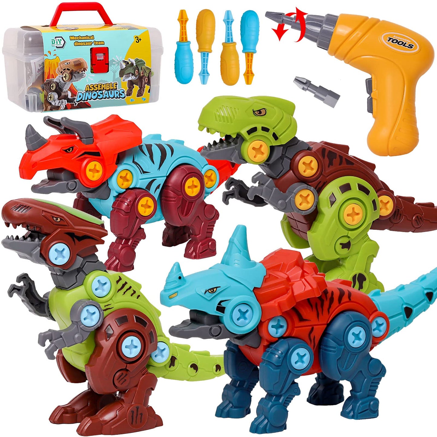 LOYUEGIYO Take Apart Dinosaur,Children Learning Construction Educational Building Dinosaur Toy for 3 4 5 6 7 Year Old Kid Boy Girl,STEM Toy Birthday Gift (1 Electric Drill&4 Hand Drill Tools)
