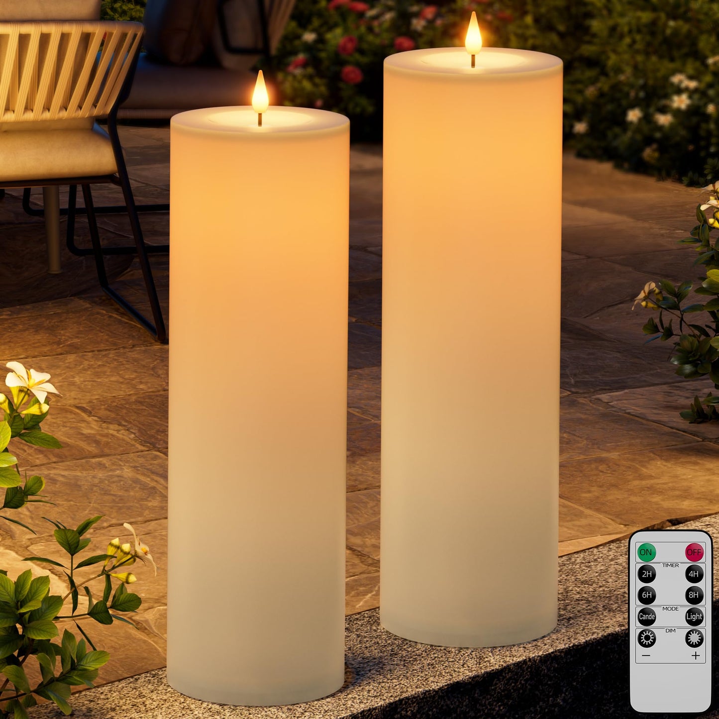 Outdoor Candles with Timer Waterproof 14" x 4" Large Flameless Pillar Candles Battery Operated LED Candles Flickering with Remote Control Timer for Porch Patio Table Lantern Christmas 2 Pcs