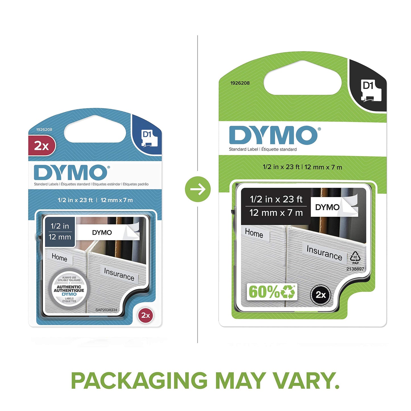 DYMO D1 Labels for LabelManager Label Makers, 1/2'' x 23' Rolls (12mm x 7m), Black Print, White Label Maker Tape, Self-Adhesive Stickers, 2-Pack