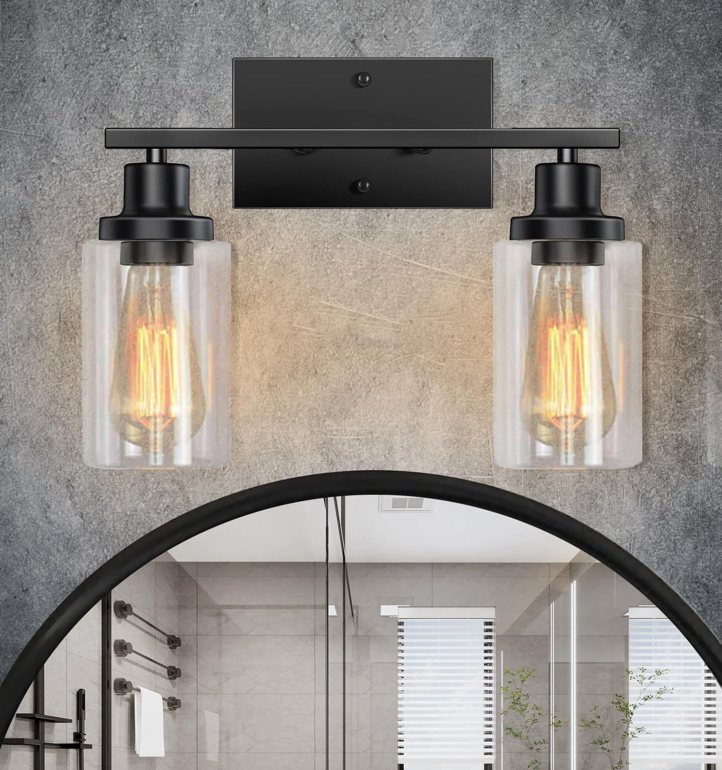 Bathroom Light Fixtures Over Mirror, 2-Light Black Vanity Light, Modern Vanity Lights for Bathroom with Clear Glass Shade, E26 Standard Vanity Lights with Metal Frame for Bedroom Hallway Living Room