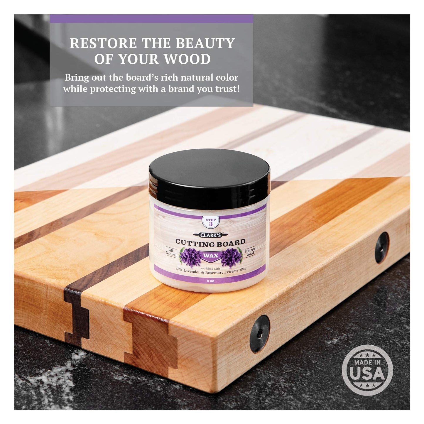 CLARK'S Complete Cutting Board Care Kit - Board Oil - Soap - Wax Finish (6oz) - Wax Applicator Pad - Applicator - Scrub Brush - Finishing Pad - Lavender and Rosemary Scented - Cutting Board Kit