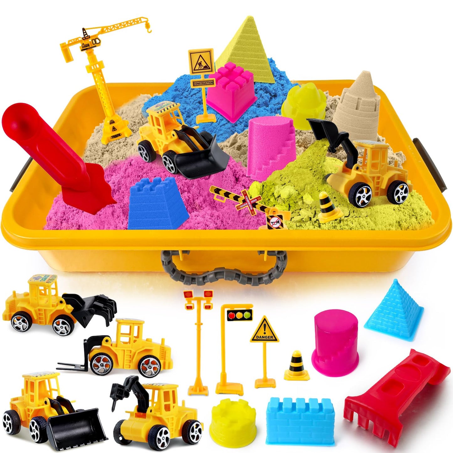 Sensory Bin - Play Sand Kit with Construction Set Toy Truck and 4lbs Magical Sand, Pretend Play Beach Sensory Toy Sandbox, Kids Gifts for Girls and Boys