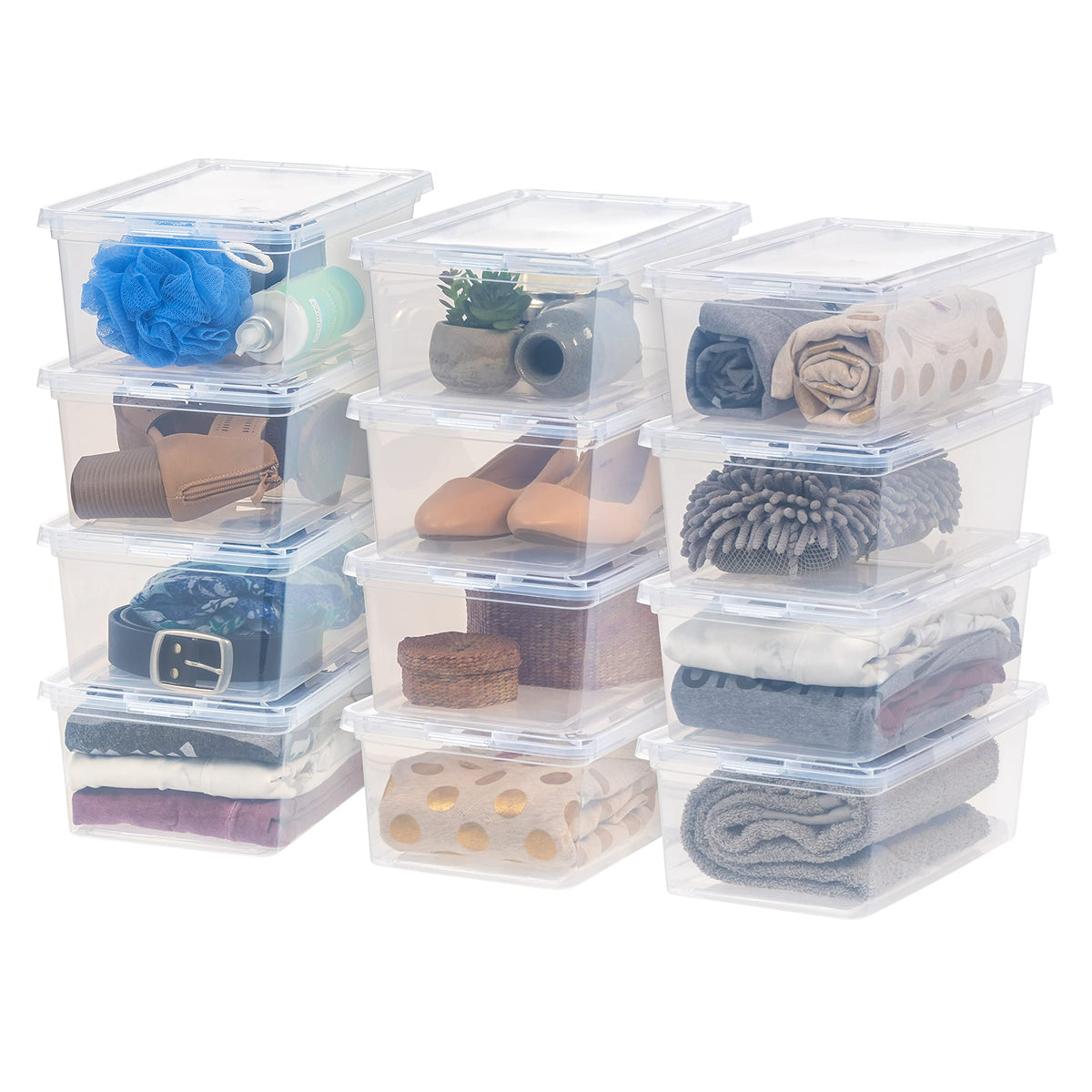 IRIS USA Plastic Storage Container 6.3 L with Closure Lid, Stackable and Nestable, 12 Pack, Clear