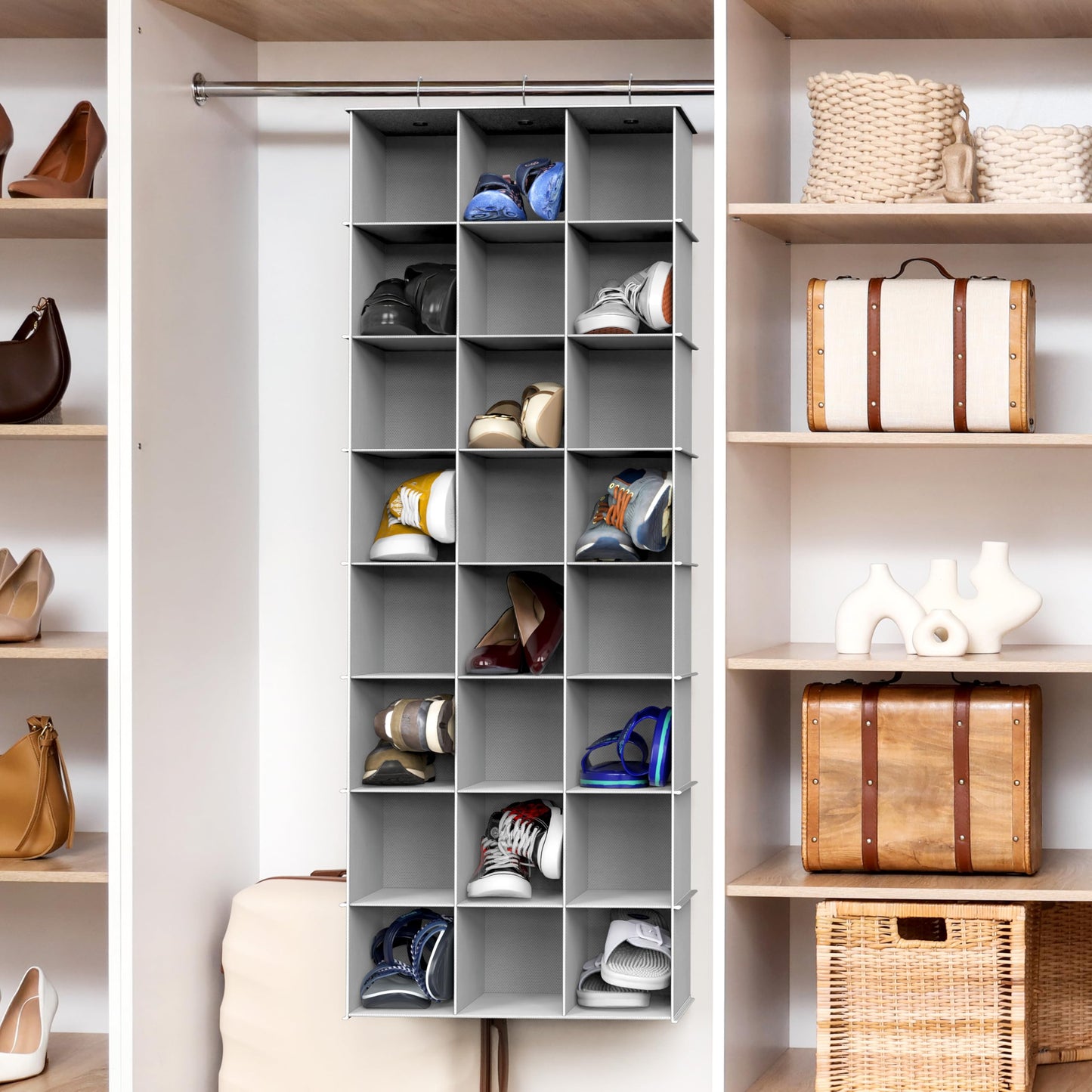 Simple Houseware Hanging Shoe Shelves Closet Organizer Storage, 24 Sections, Grey