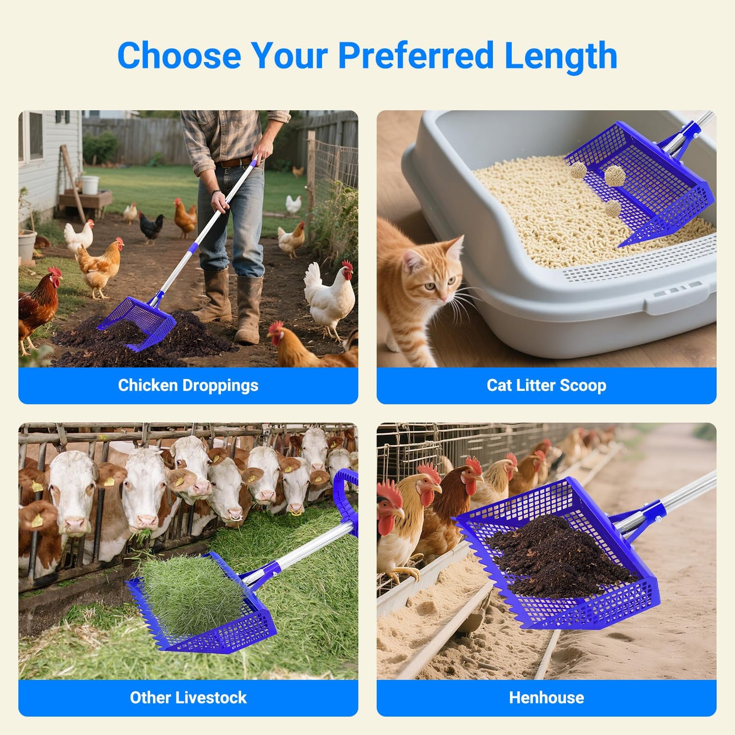 Chicken Poop Scooper Rake 2-in-1, Metal Shovel Head Chicken Coop Accessories, Adjustable 304 Stainless Steel Handle, Litter Scooper Sand Sifting for Chicken Coops Small Farm Animals(36" to 62")