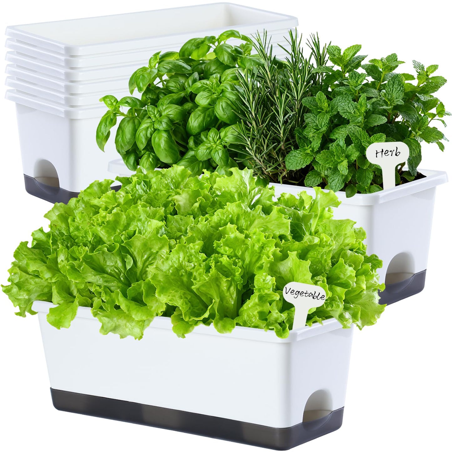 Self-Watering Planters with Drainage Holes & Trays, 8 Pcs 17 Inch Rectangle Window Box, Indoor Outdoor Flower Pots for Garden, Balcony, Patio (White, 17 x 7 x 6 Inch)