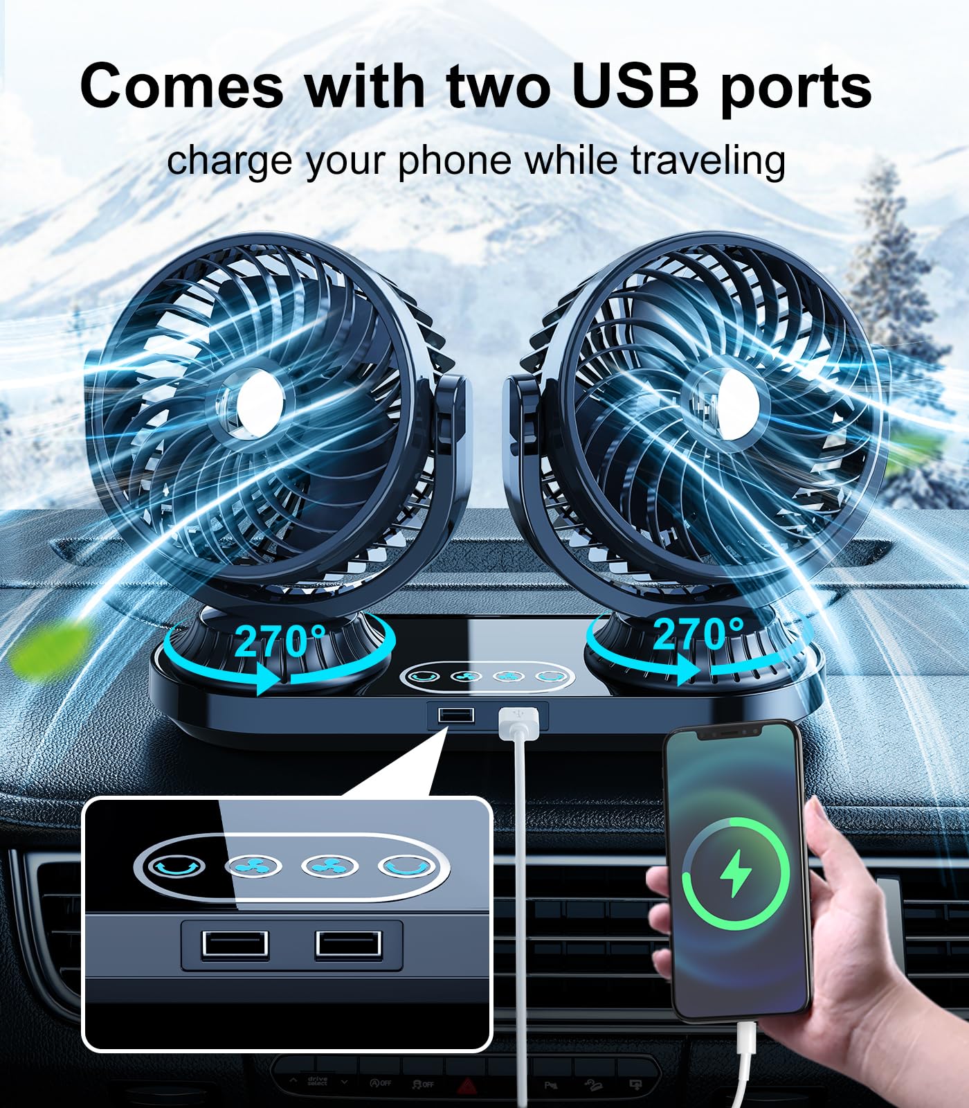 DICMKY Dual Head Auto Oscillating Car Cooling Fan for Dashboard, DC 12V / 24V Cigarette Lighter Plug Car Fans That Blow Cold Air Cooler for Vehicles Sedan SUV Rv Van Truck Utv Tractor Cab Without AC
