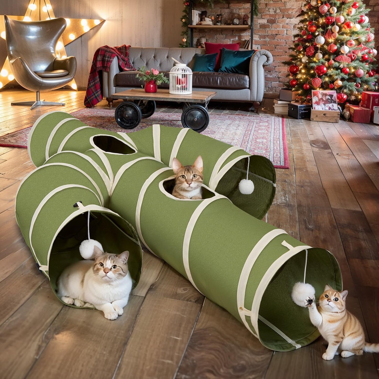 Ownpets Cat Tunnel, Larger Cactus Shape Pet Tunnel with Sturdy Oxford Fabric, Foldable and Resistant to Tearing, Featuring Multiple Exits, Hanging Ball and Teaser Wand,Grey, 11.8” Diameter