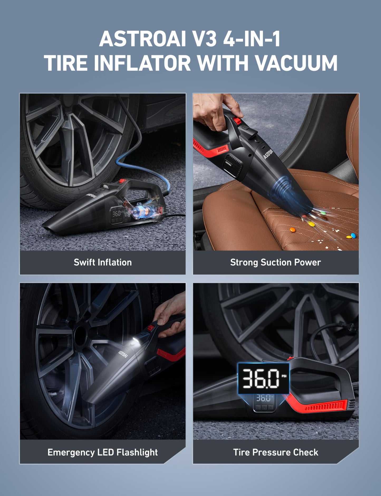 AstroAI 4-in-1 Car Vacuum Cleaner and Tire Inflator, Handheld Vacuum with Air Compressor, Digital Dual Values Display, 150 PSI Car Tires Air Pump with LED Light, 12V DC, 16.4FT Cord for Auto
