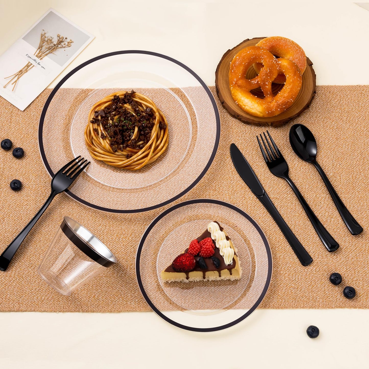 BESTSTAR 100PCS Black and Clear Plastic Plates, Black Disposable Plate Set with 50 Dinner Plates and 50 Dessert Plates for Party, Halloween, New year