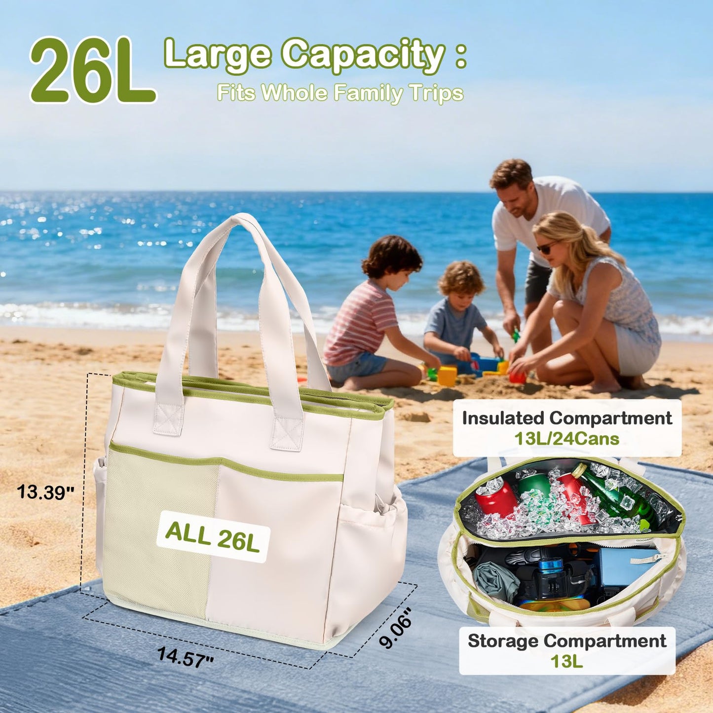 Odoland Cooler Bag, Insulated Leakproof Beach Cooler Backpack with 2 Compartment for Women, 2 in 1 Large Capacity Soft Tote Cooler Bag with Multiple Pockets for Beach Picnic Trip Daily Use,White