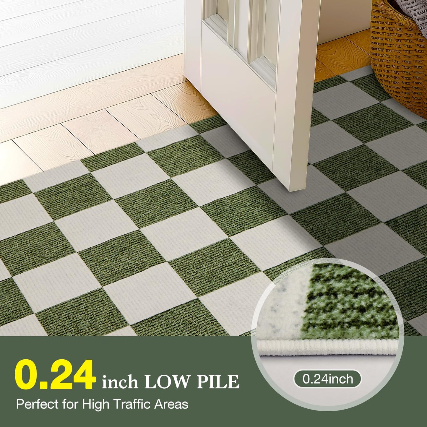 Area Rugs 5x7 for Living Room, Washable Low-Pile Checkered Boho Large Rug for Bedrooms, Non-Slip Soft Flat Print Plaid Carpet for Classroom, ‎Dining Room, Office, Kids Playroom(Green and White)