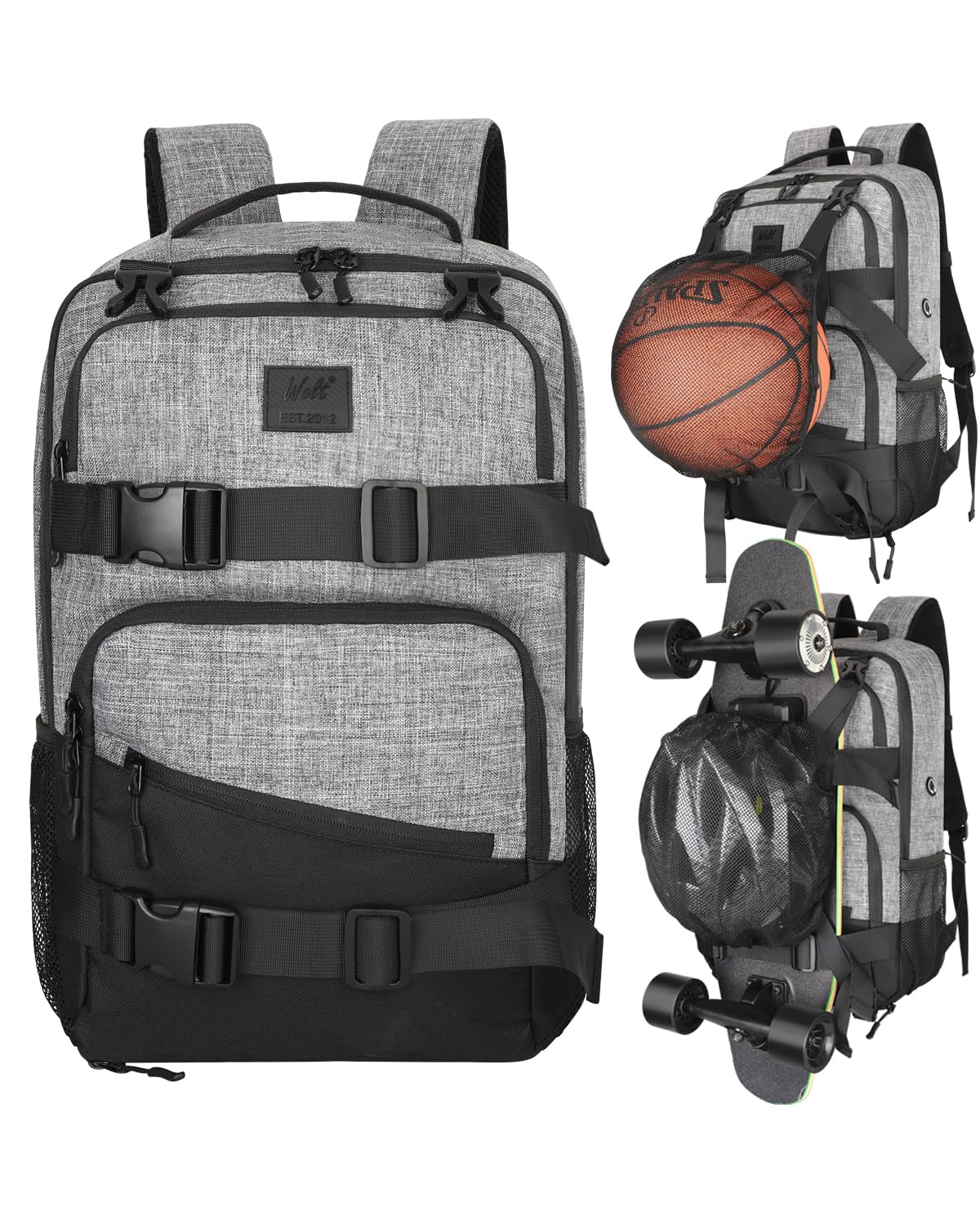 WOLT Skateboard Backpack, 15.6 Inch Laptop Backpack for Men Women, Sports Backpack with Ball Holder, Grey, One Size, Skateboard Backpack