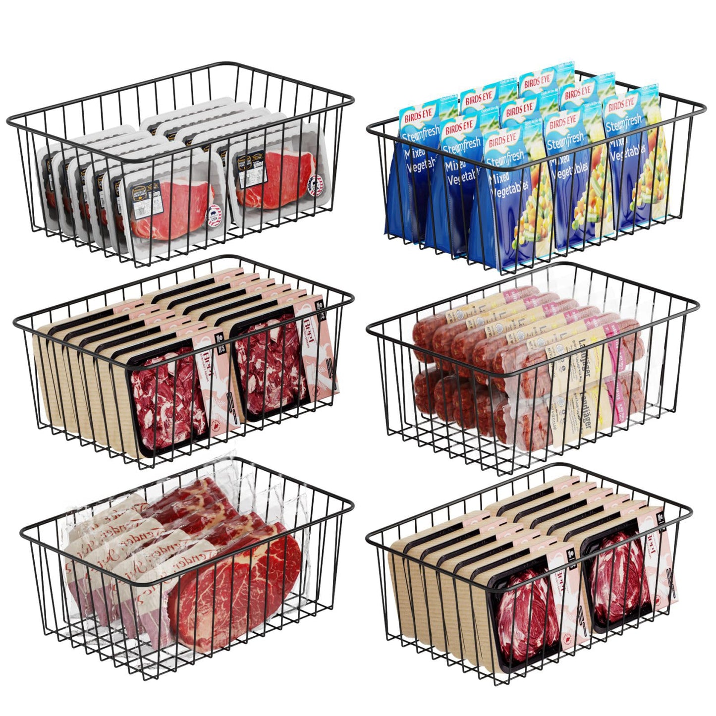 iSPECLE 6 Pack Upright Freezer Organizer Bins for 11 Cu.Ft, Heavy Duty Wire Storage Baskets with Handles, Rust-Resistant Metal Crates for Meat & Veggies, Stand Up Freezer Organization, Black