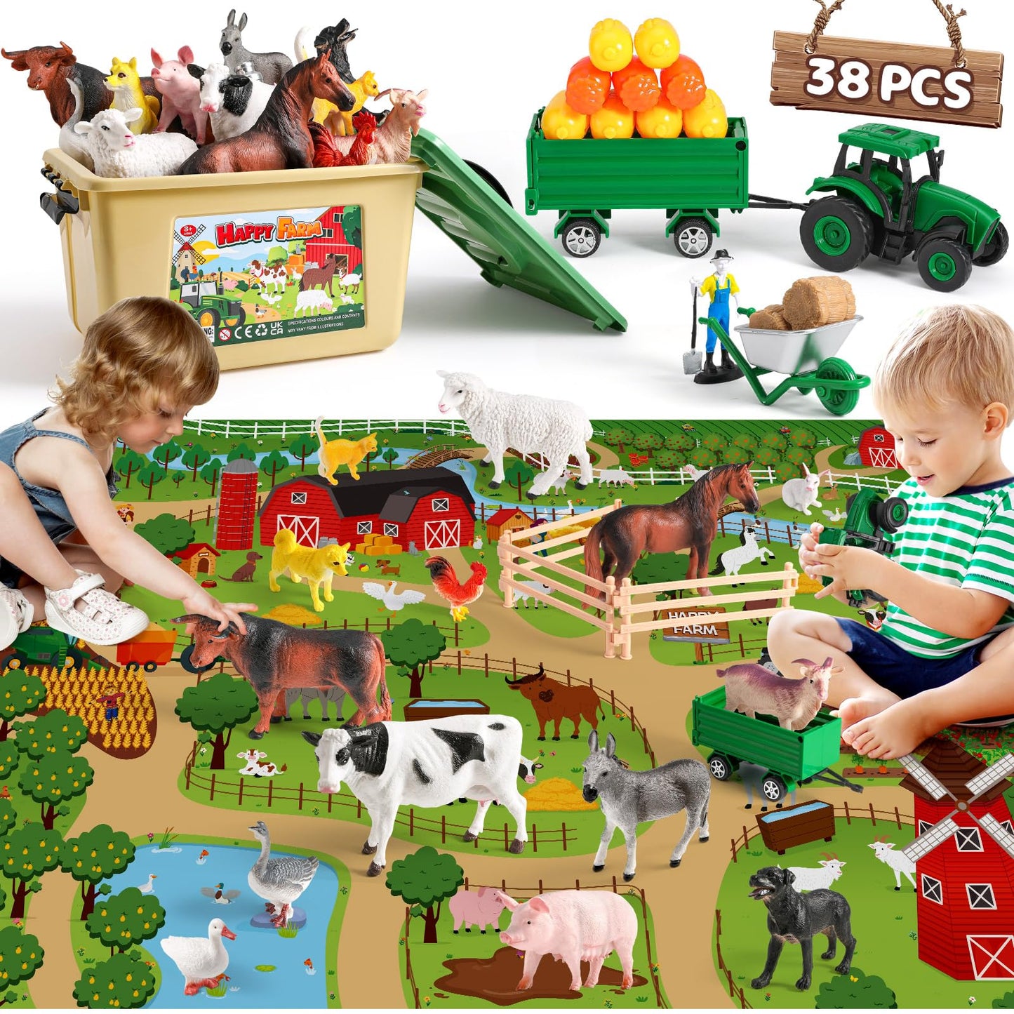 WAIIW Farm Animal Toys for Toddlers,38 PCS Realistic Animal Figurines Toys with 47.2”x31.4”Large Activity Play Mat and Tractor Toy,Farm Playset Educational Learning Toys for Toddlers Kids 3-5