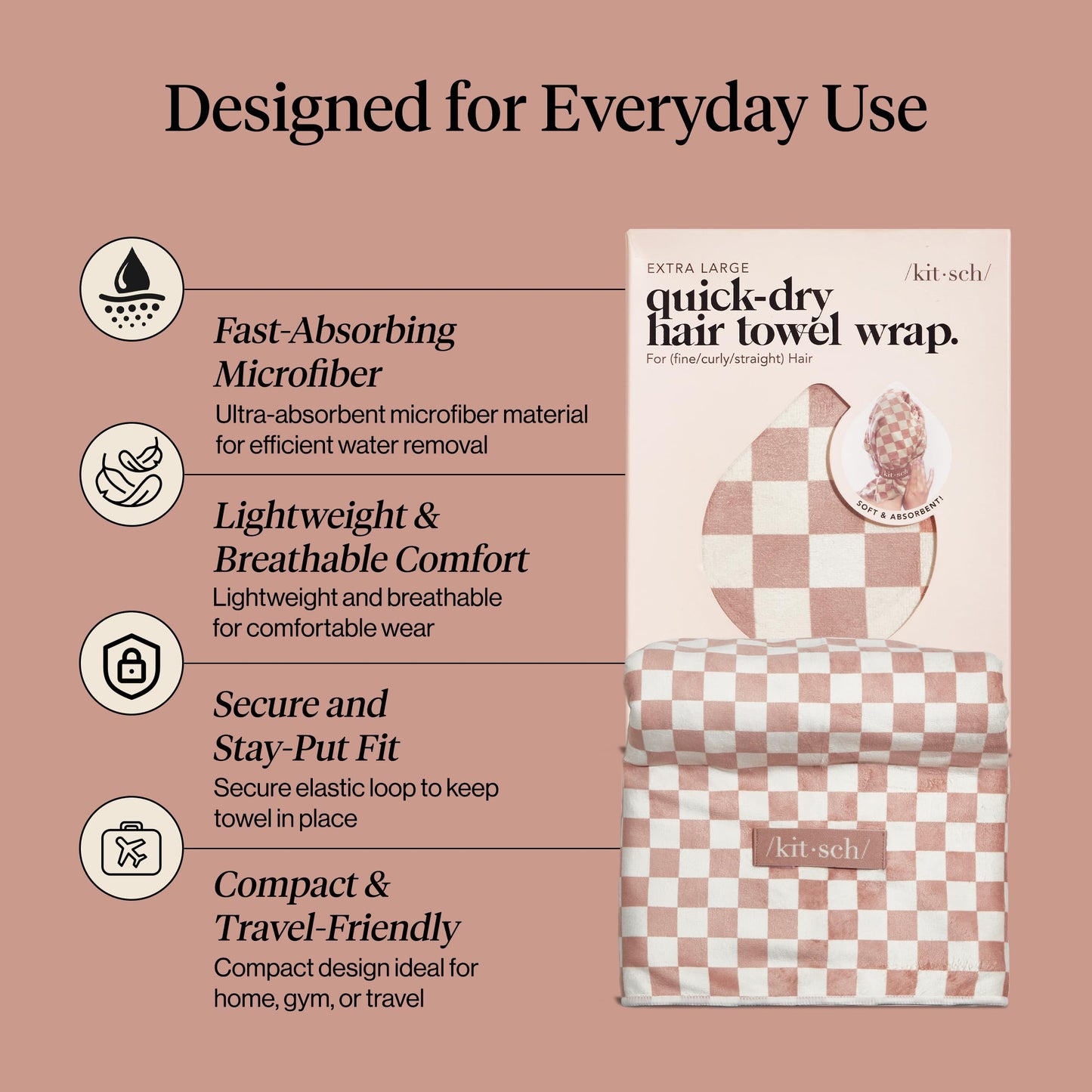 Kitsch XL Microfiber Hair Towel Wrap for Women – Ultra Absorbent Microfiber Towel for Wet, Curly, Long or Short Hair – Quick Dry, Anti-Frizz Hair Wrap – Terracotta Checkered, 40x24 inches