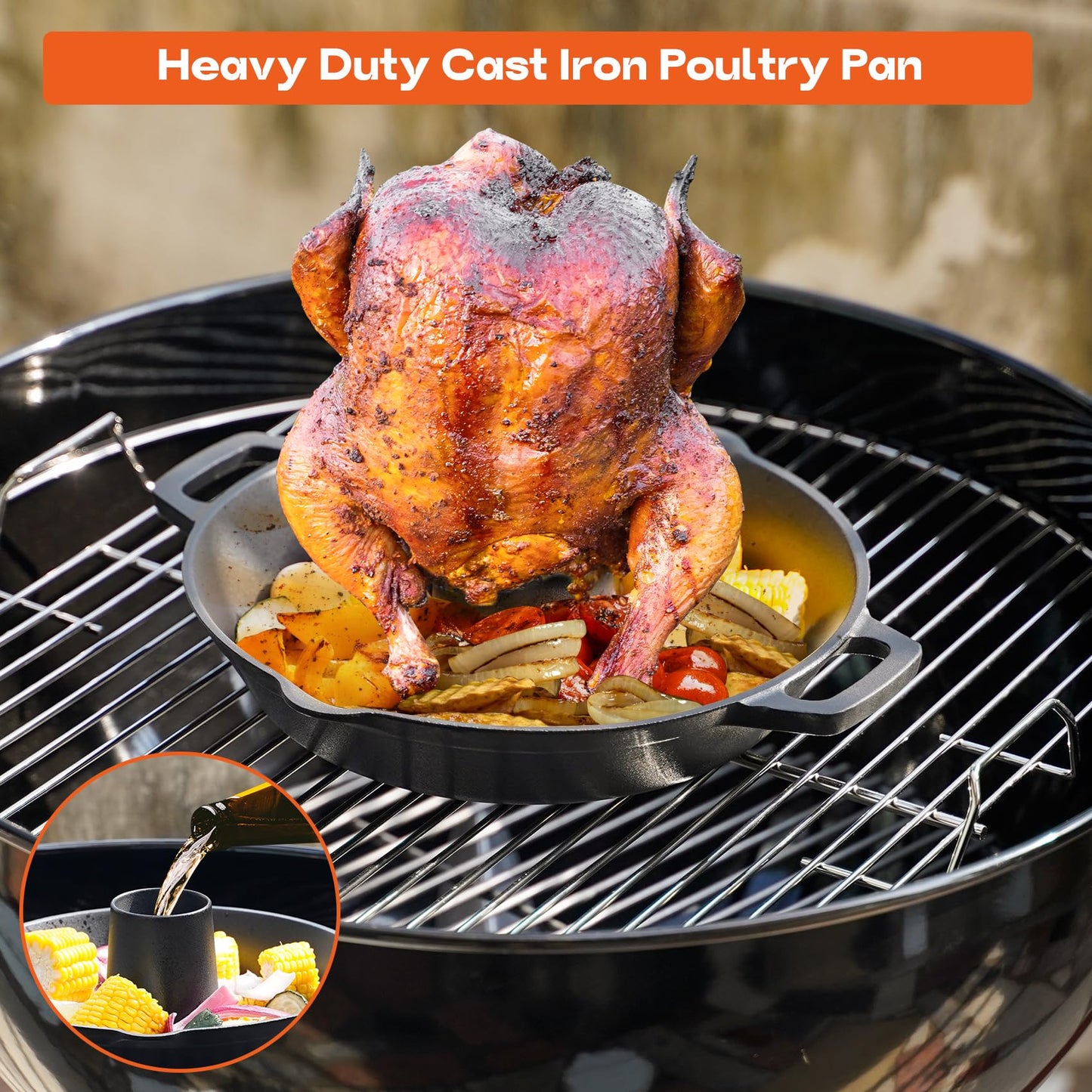 Onlyfire Universal Cast Iron Chicken Roaster, Pre-Seasoned Poultry Roaster Beer Can Turkey Holder with Roasting Pan for Most Grills and Oven