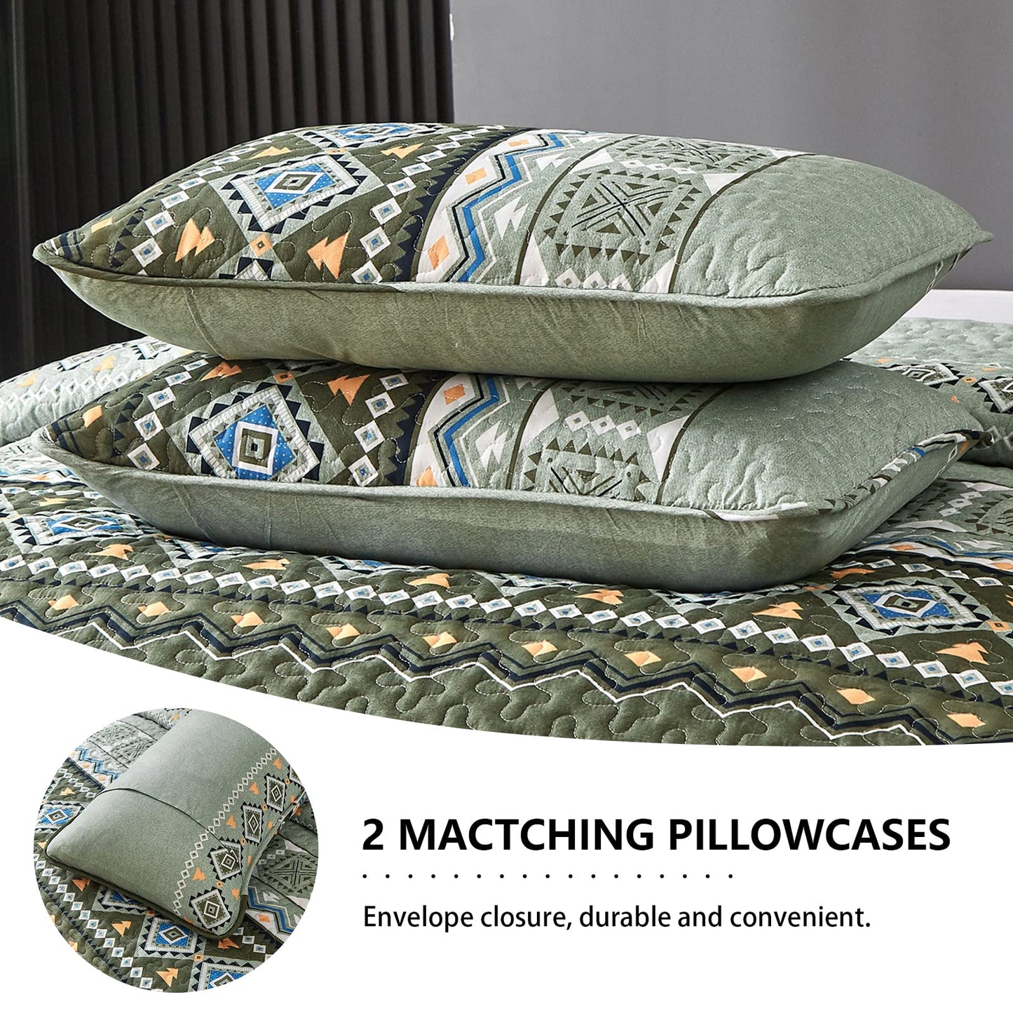 Boho Quilt Set Queen Size Olive Green Bedding Bedspread Reversible Geometric Aztec Pattern Soft Lightweight Microfiber Bohemian Coverlet Set for All Season 3 Pieces 90"x96"